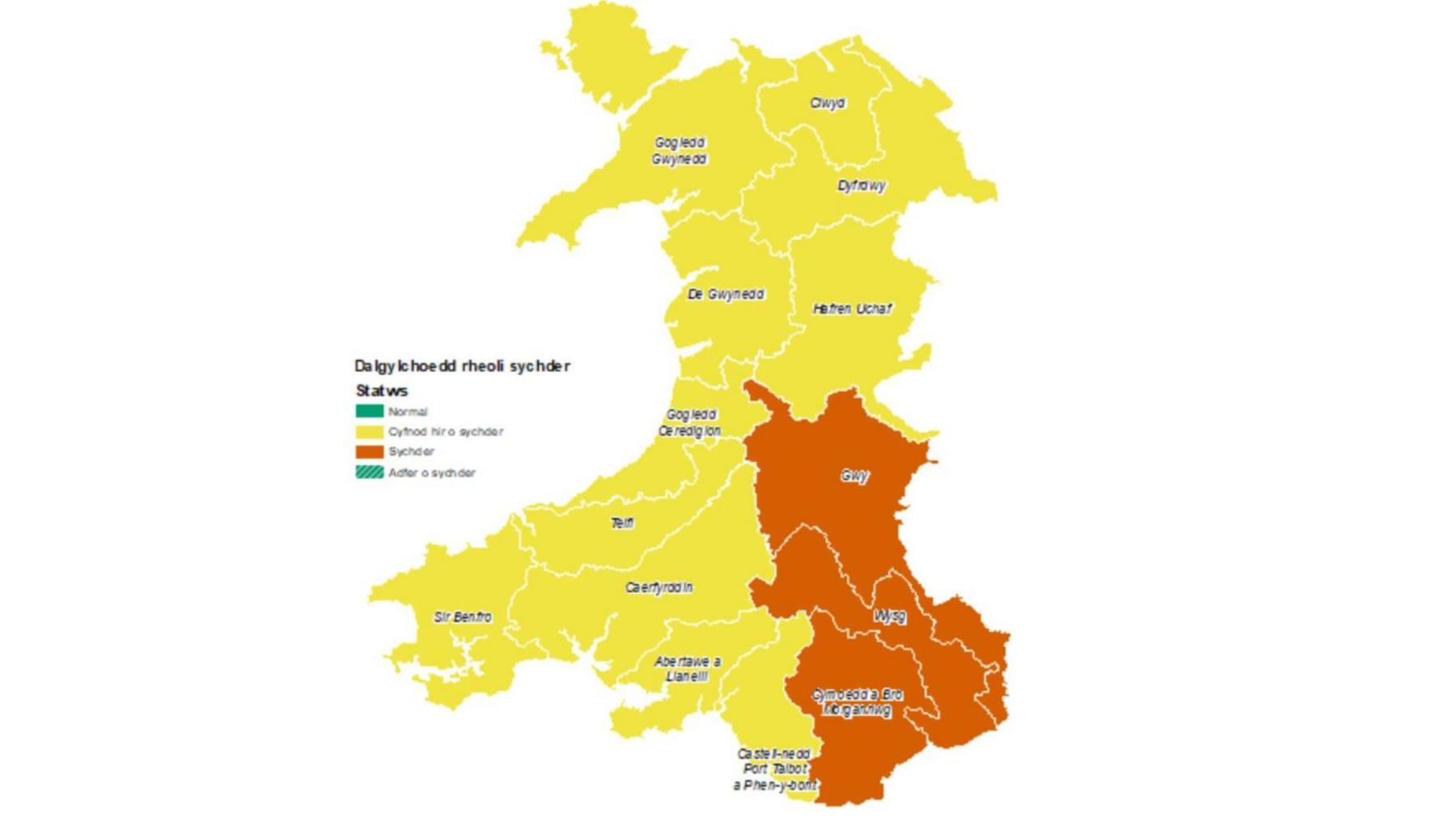 Llun o map o Gymru yn dangos pa ardaloedd sydd wedi cael statws sychder.