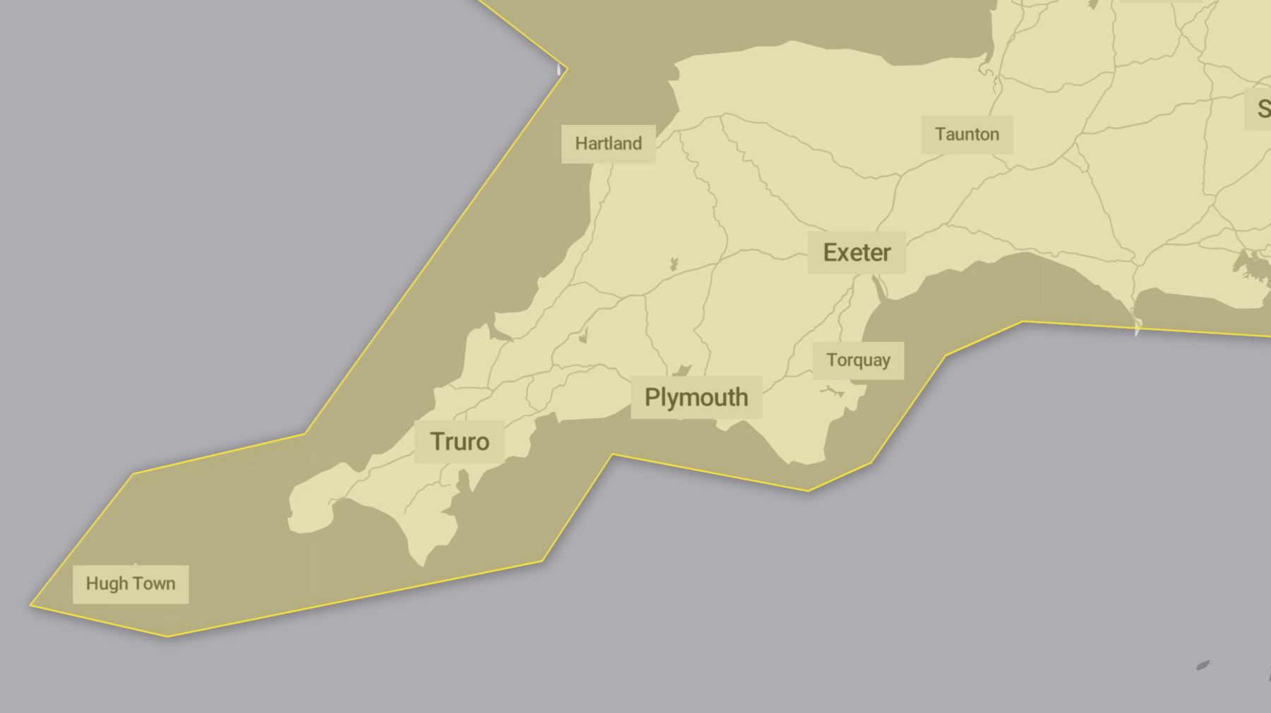 A map which shows where the yellow weather warning covers. It shows it covering the entirety of Cornwall and Devon.