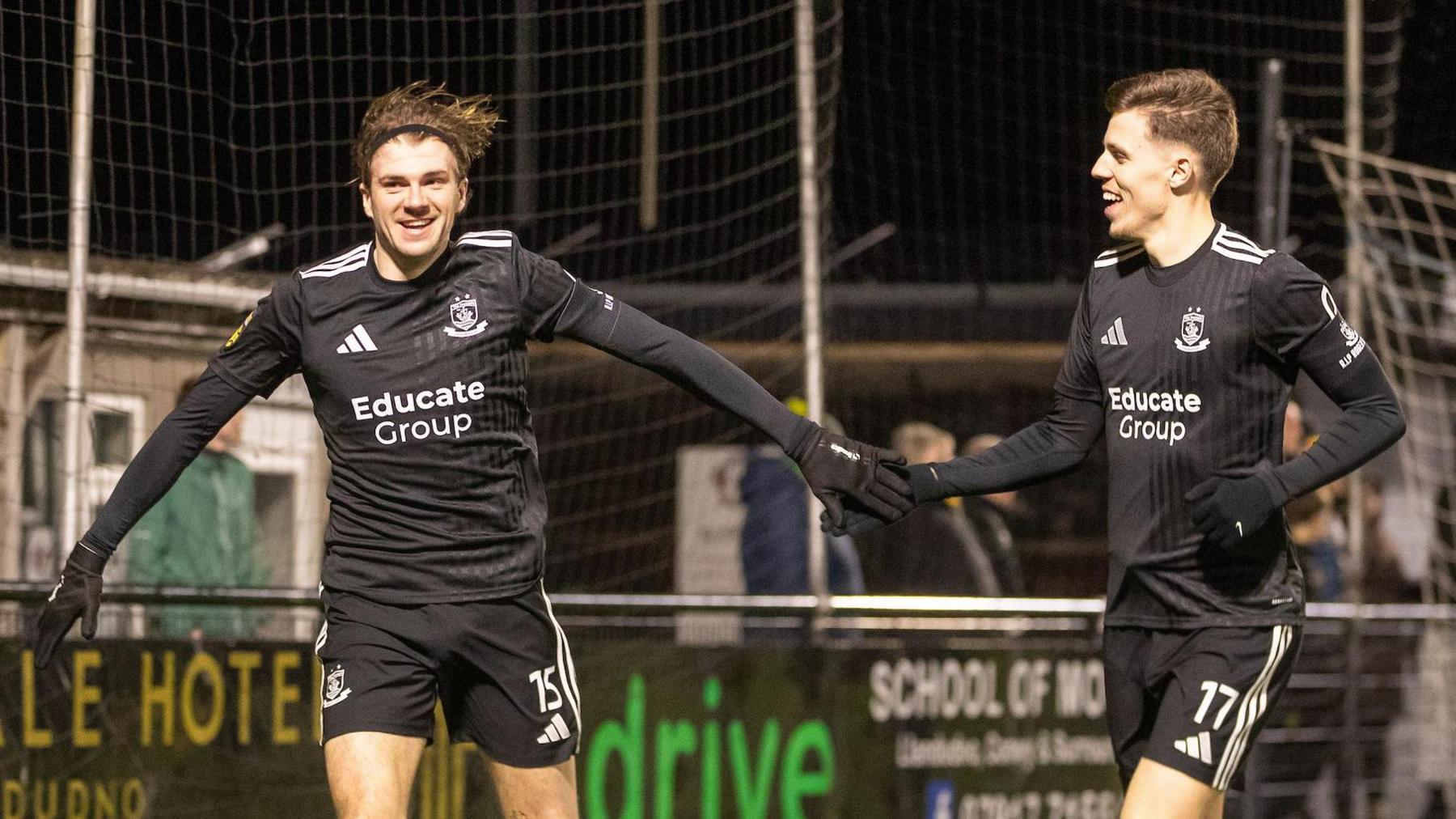 Connah's Quay Nomads' Harry Franklin celebrates opening the scoring at Caernarfon
