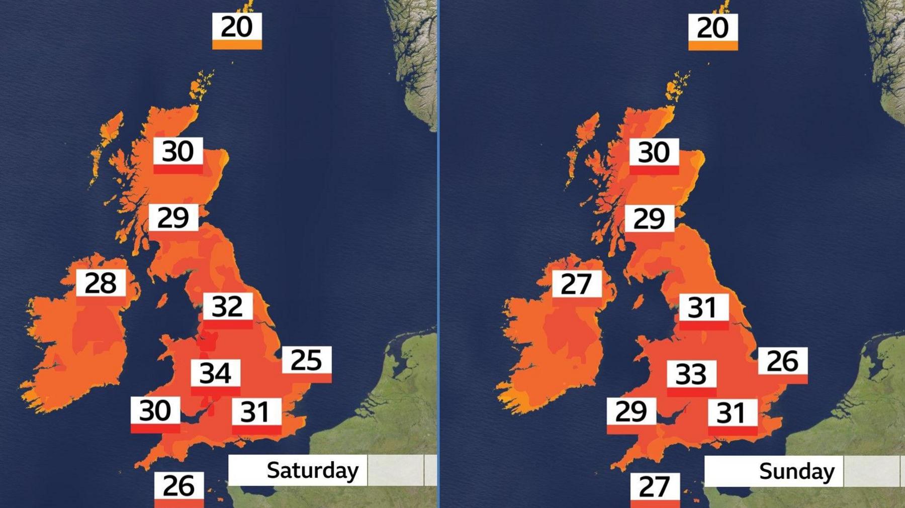 Two weather maps showing temperatures for the weekend. Temperatures range from 20C in Shetland to 34C in the West Midlands.