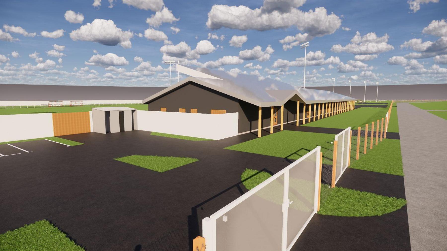 An artist's impression of a single storey building next to a football pitch