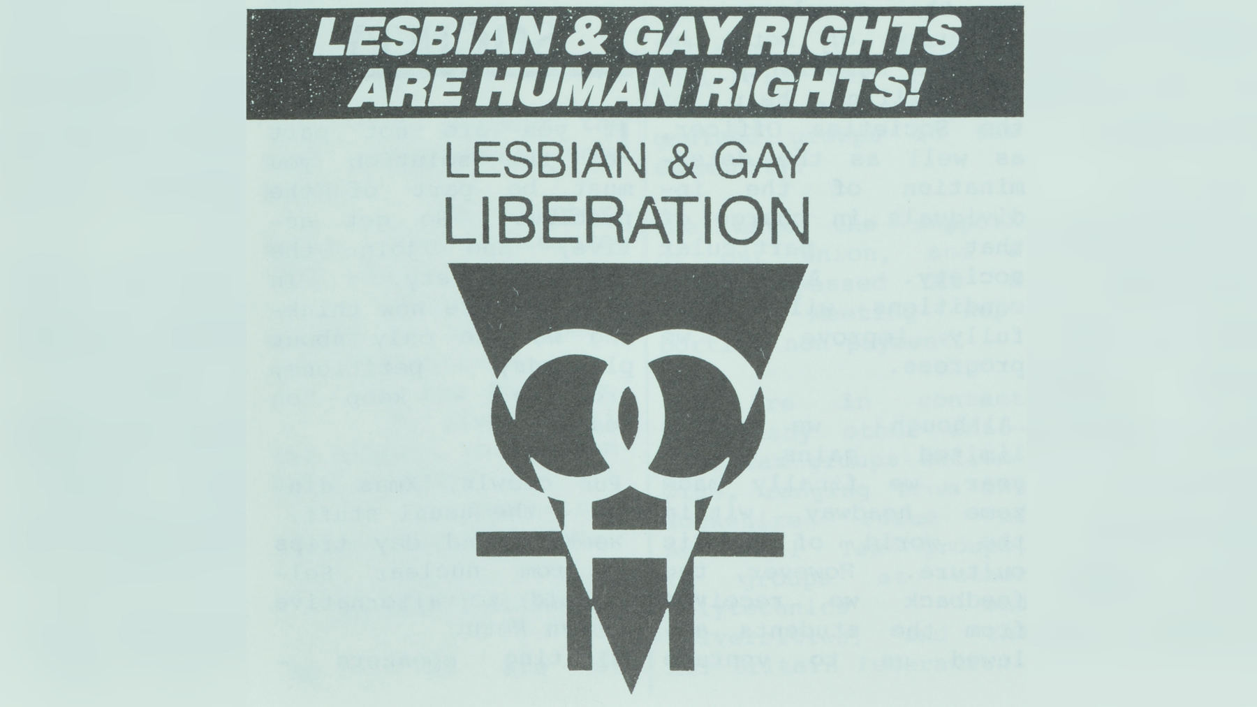 A blue poster with a black symbol showing two male symbols and a triangle. Reads: Lesbian and gay rights are human rights! Lesbian and gay liberation