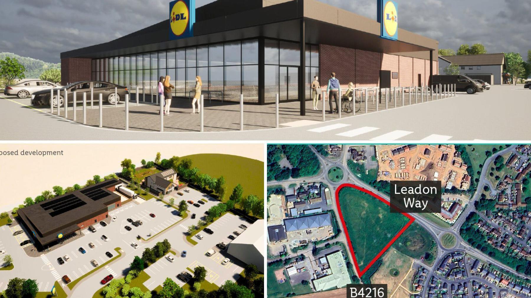 Three images show views of the proposed mixed development in Ledbury. The top image shows people outside a supermarket building. The left image shows an overview of the site with a car park around the buildings. The right image shows a map with the site outlined in red near the roundabout.