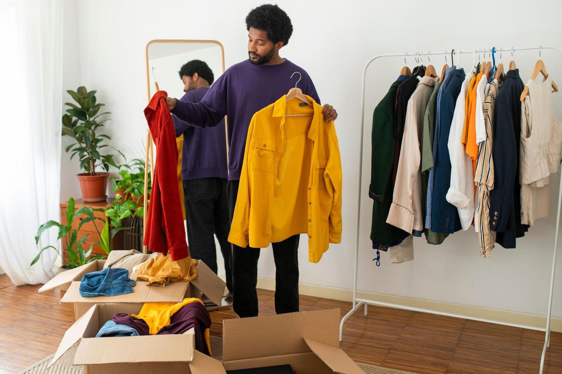 A black man at home organising his clothes into donation boxes