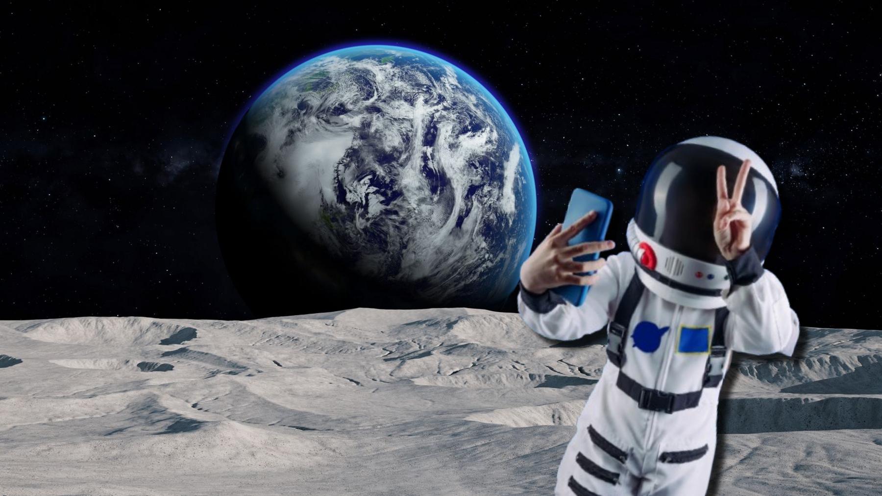 fun image of an astronaut appearing to take a selfie on the Moon with the Earth in the background