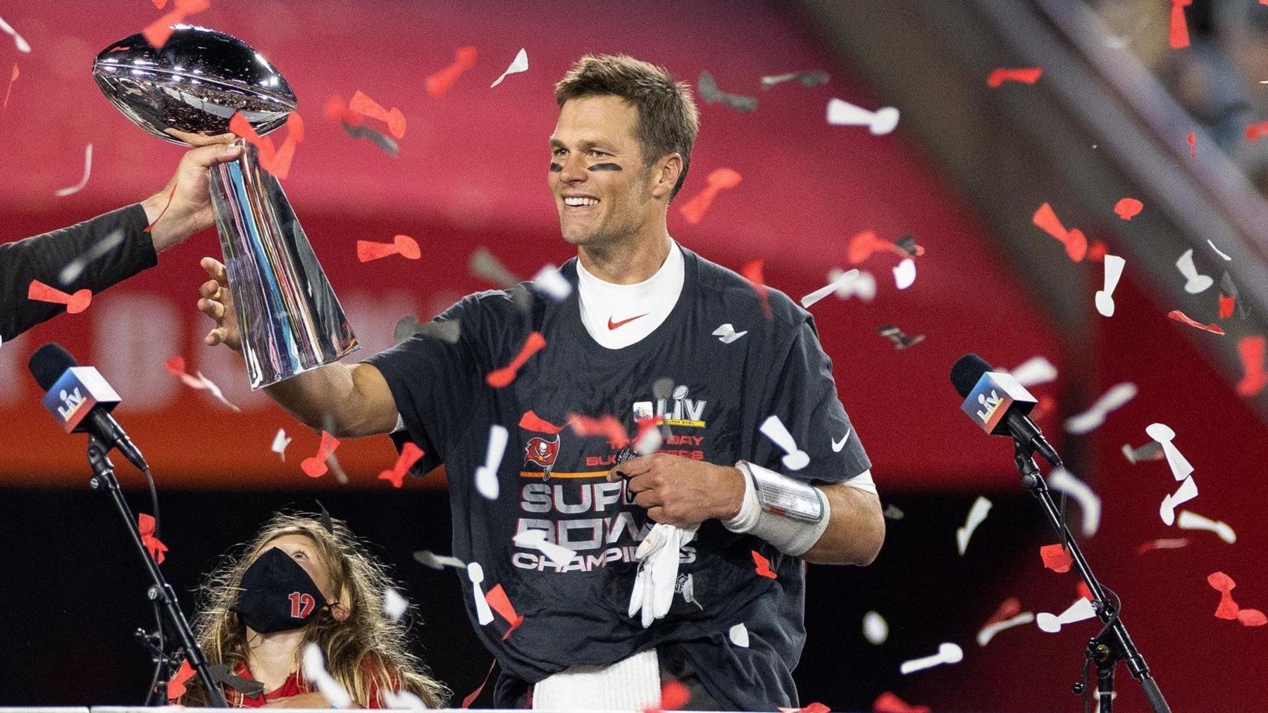 Tom Brady collects the Vince Lombardi Trophy after winning the Super Bowl with the Tampa Bay Buccaneers