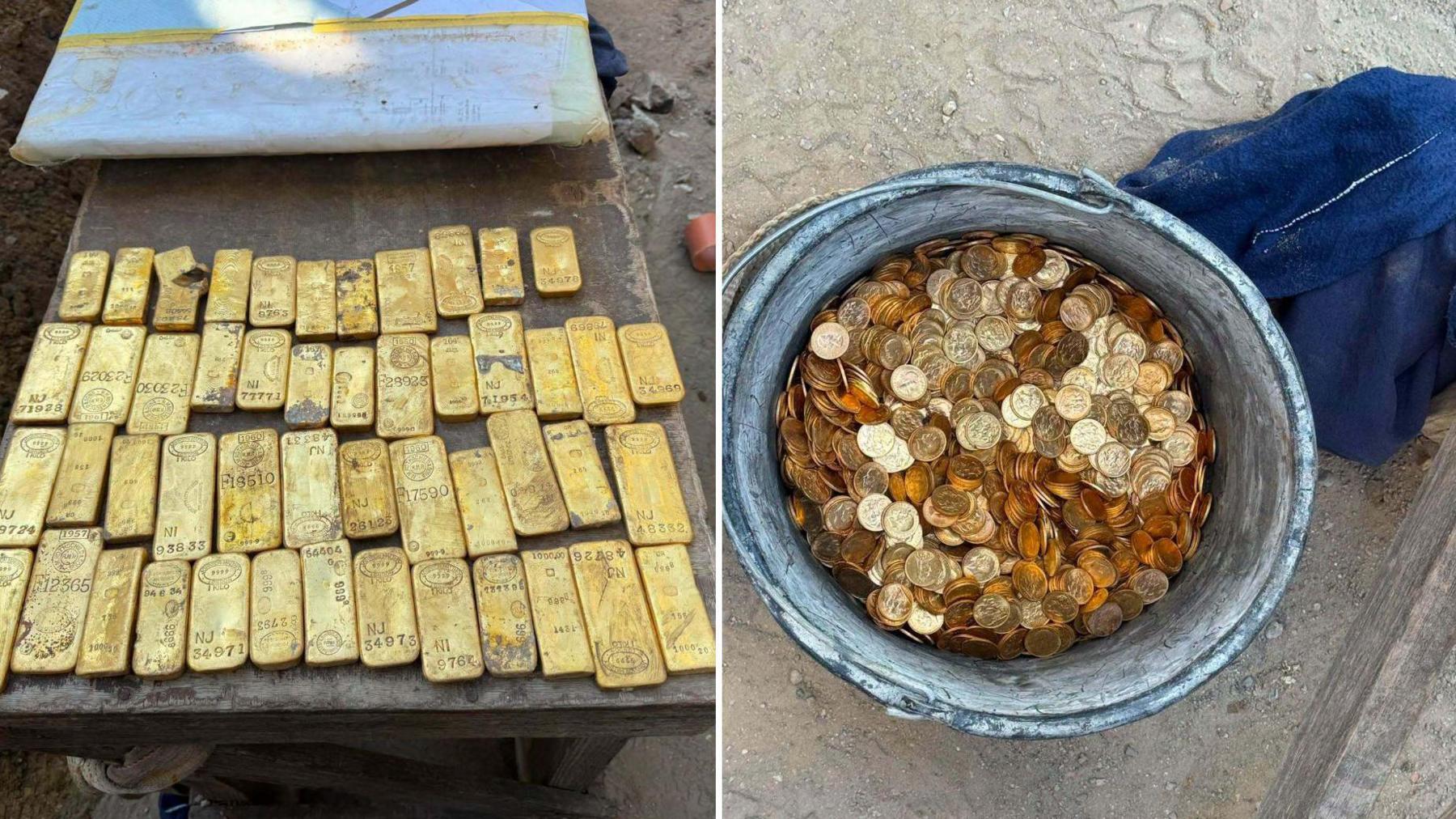 Images of the gold bars and coins. The gold bars are lined up in rows on the left of the image, and the right side shows a metal bucket full of coins.