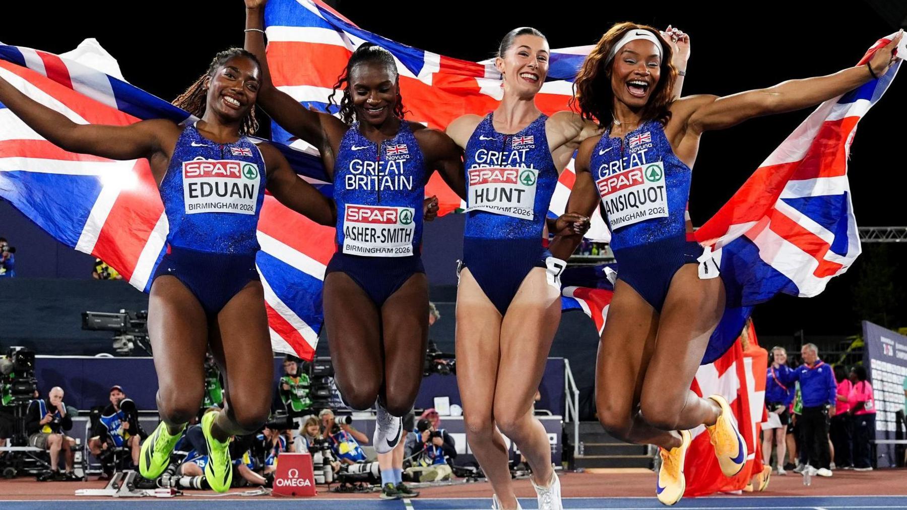 Great Britain's women's 4x100m team celebrate winning European gold