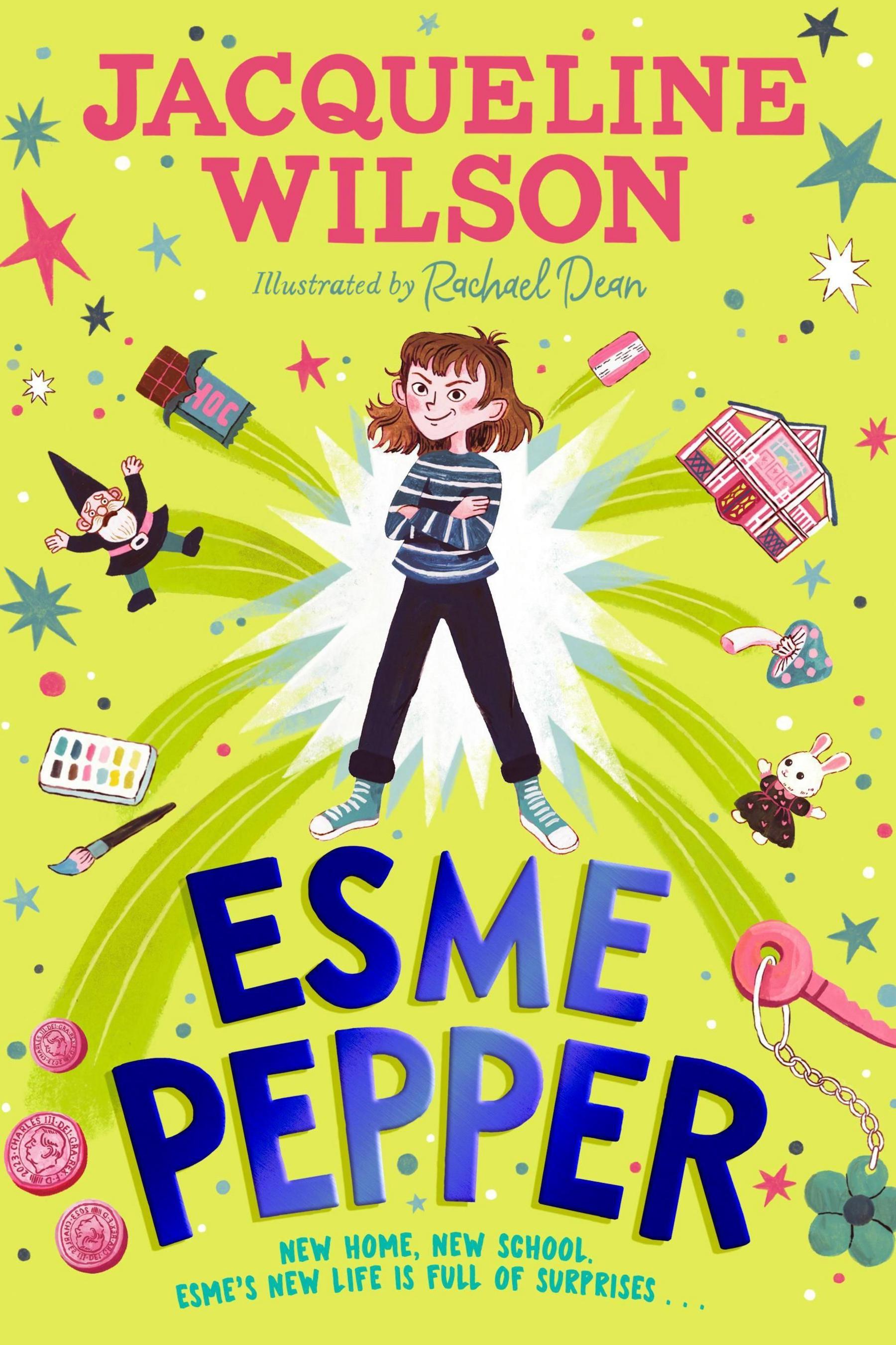 Shows a colourful book cover with a cartoon girl, crossing her arms. She is surrounded by children's toys and the words Esme Pepper are in big blue letters at the bottom.