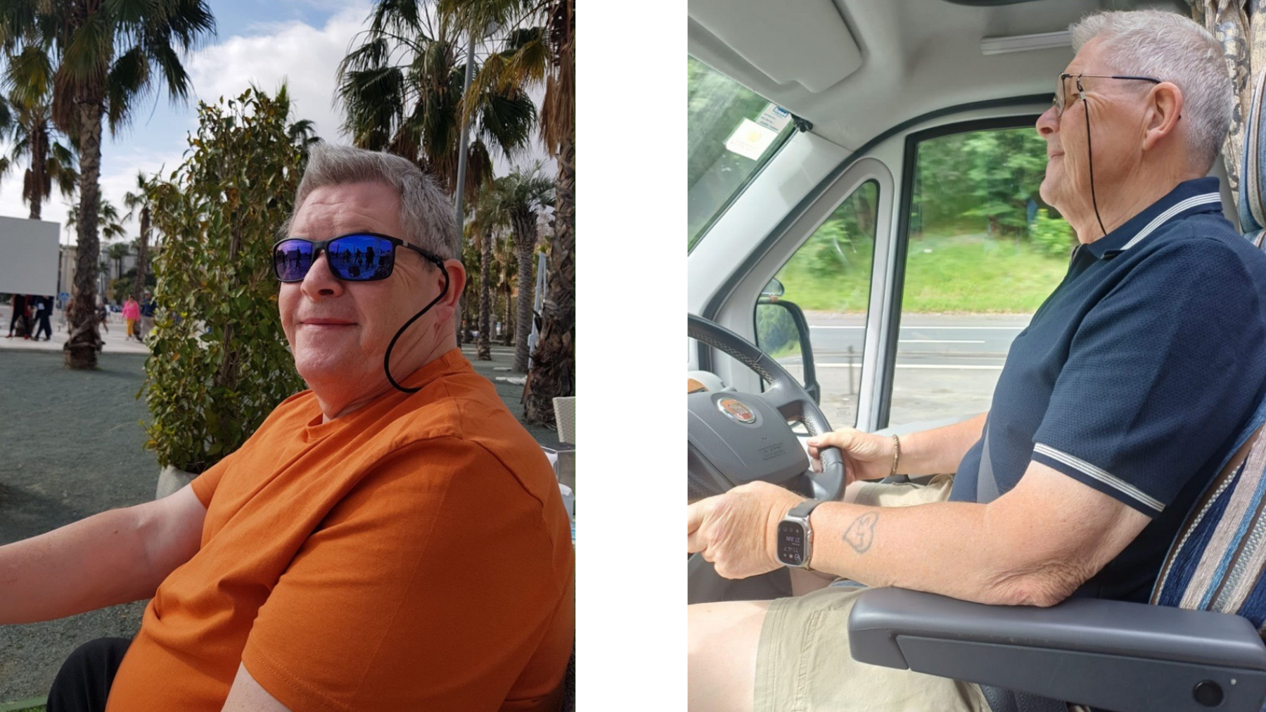 Two images of Iain. Both show him side on and facing left. In the first he is on holiday in a place with palm trees, although it looks more urban than rural or beach. He has short grey hair with a bit of a quiff and wears black shades with purple lenses. He also has on an orange T-shirt. He is very rotund with large arms and a stomach that overhangs his trouser waist. In the right hand image he is driving what looks like a van of some sort. Pictured from the passenger seat he has glasses on a string, a dark blue polo shirt and khaki shorts. He is noticeably slimmer. Still a unit, but the belly has flattened and the arms are less rotund.