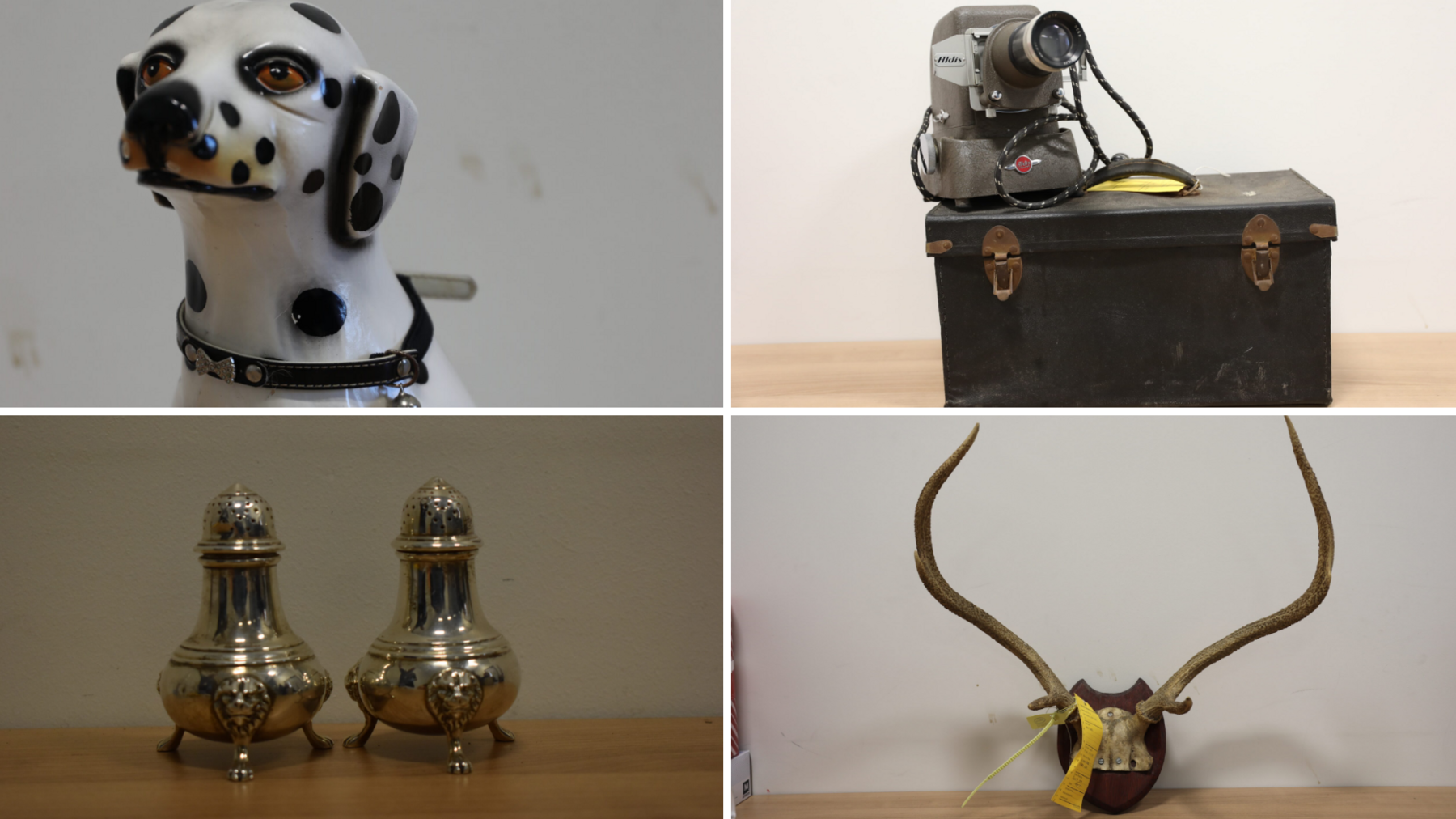 A collage with four images. A porcelain Dalmatian figurine is in the first image - it is white with black spots and brown eyes. The second image is a vintage projector. It is small and grey, with a black and white thin strap. The third image is two silver condiment containers. The fourth image is a decorative object with two long antlers. 