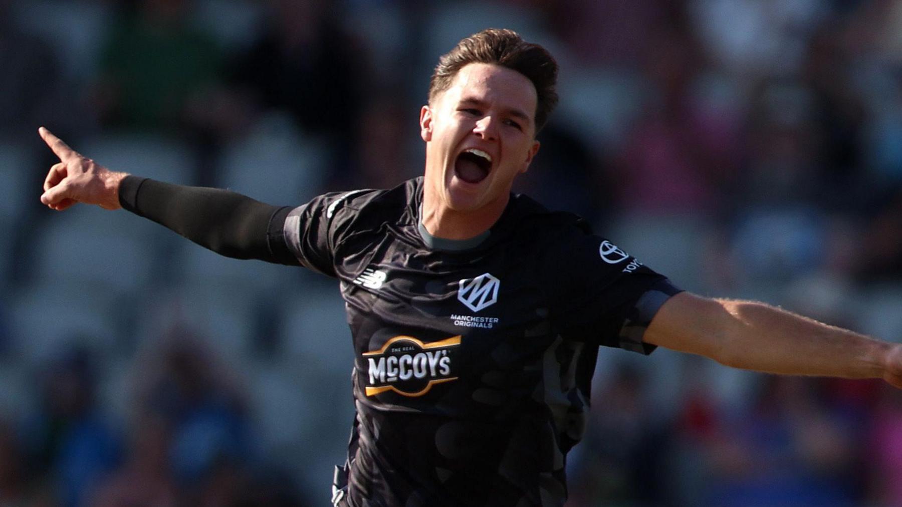 Manchester Originals' Sonny Baker celebrates a wicket