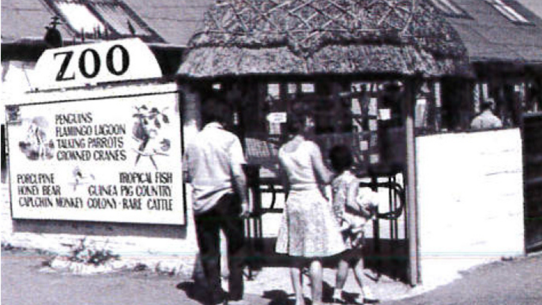 A black and white image of Drusillas Park. The picture features a large sign reading "Zoo" on the left-hand side with another sign reading "Penguins, Flamingo Lagoon, Talking Parrots, Crowned Cranes, Porcupine, Tropical Fish, Honey Bear, Guinea Pig Country, Capuchin Monkey Colony" beneath it. Three people stand in the middle of the picture in front of a thatched building.