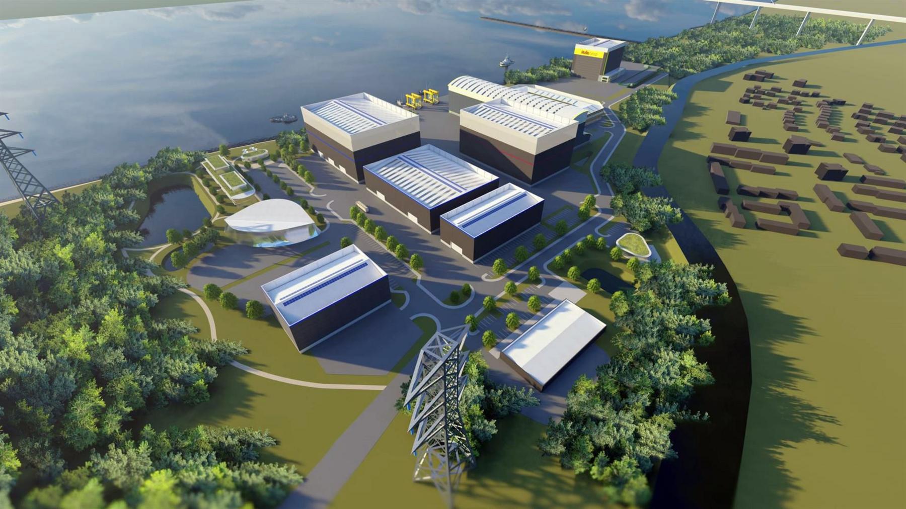  A visualisation of industrial buildings beside a river, surrounded by fields and trees