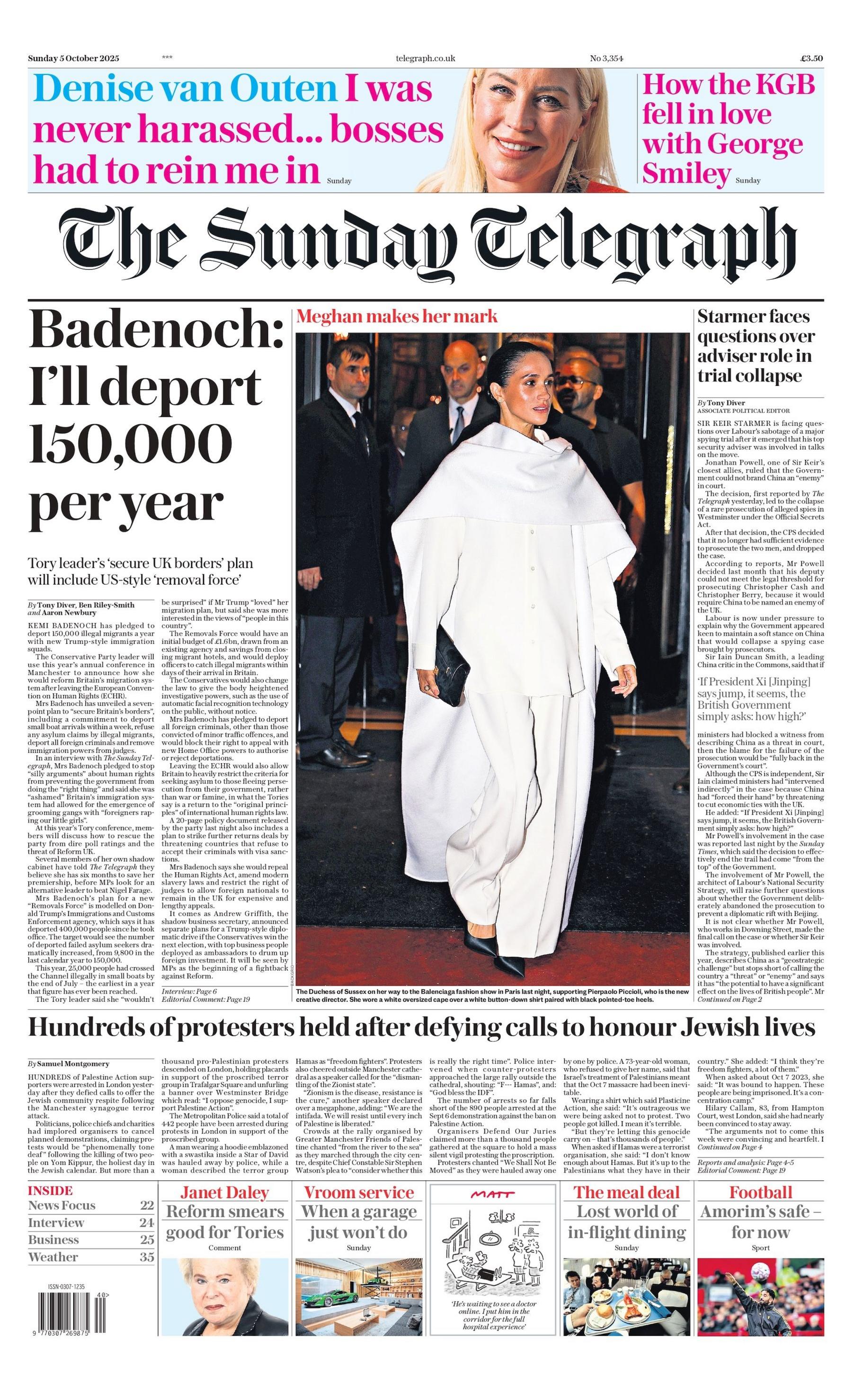 "Badenoch: I'll deport 150,000 per year" reads the headline on the front page of The Sunday Telegraph.