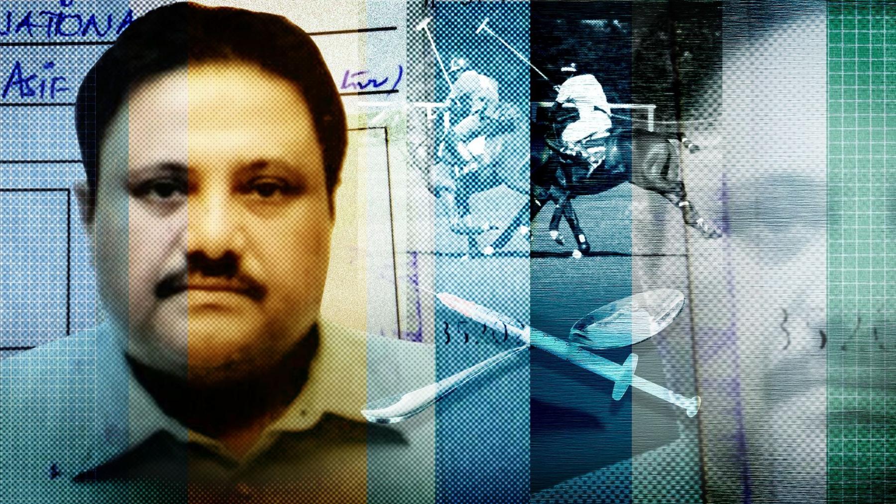 A composite image with a photo of Muhammed Asif Hafeez in the foreground. Behind are two people riding horses playing polo and a syringe and spoon.
