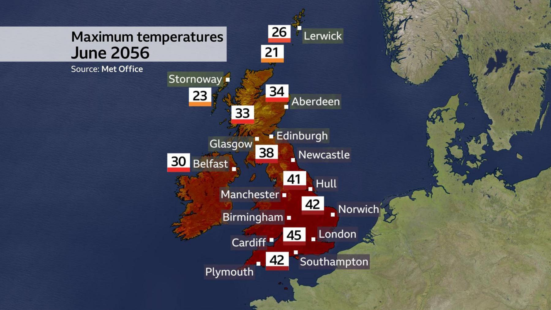 Temperature map of UK for June 2056 using Met Office Data. Temperatures peaking in central England at 45C in central and southern England, 38 C in south-west Scotland, 26C in Lerwick