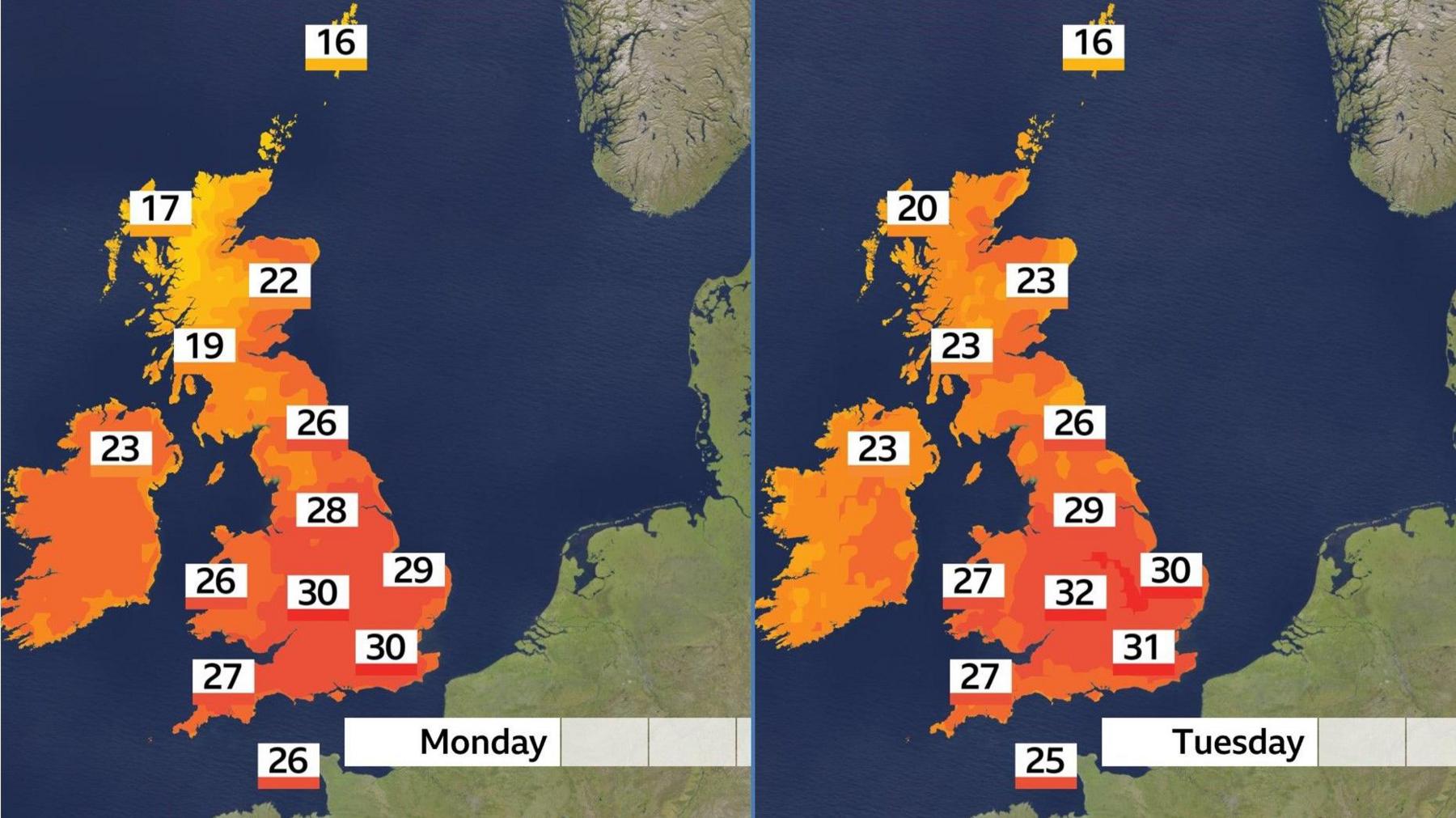 Two weather maps showing forecast temperatures for Monday and Tuesday - with temperatures ranging from 16C in Shetland to 32C in the Midlands.