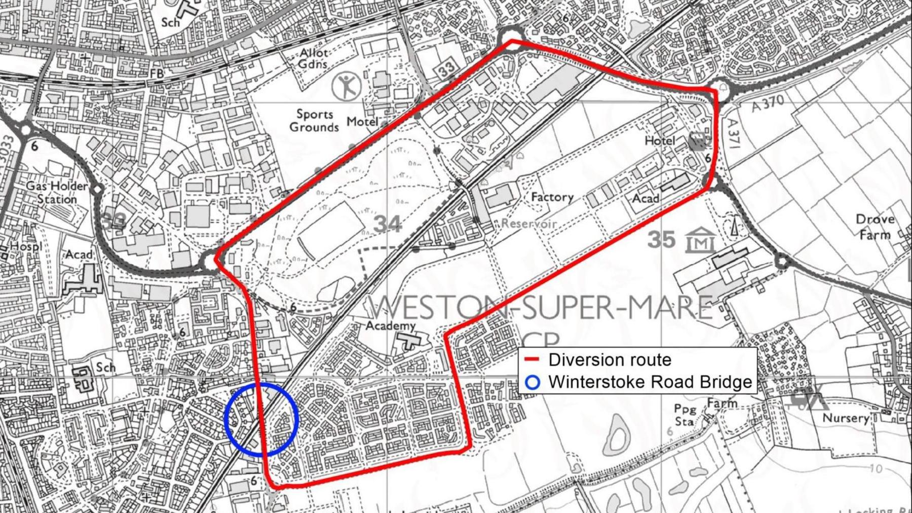 A black and white map of a diversion route through Weston-super-Mare. The diversion is in red with the bridge circled in clue.