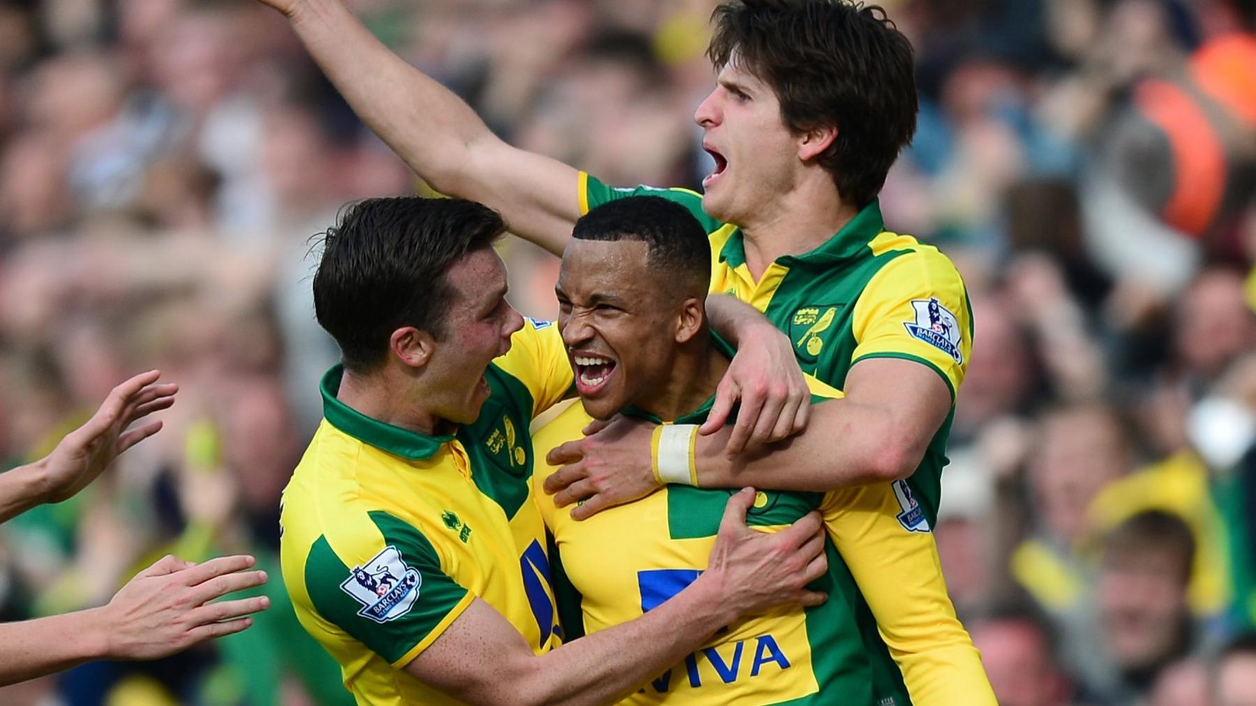 Norwich players celebrate Martin Olsson's (centre) goal