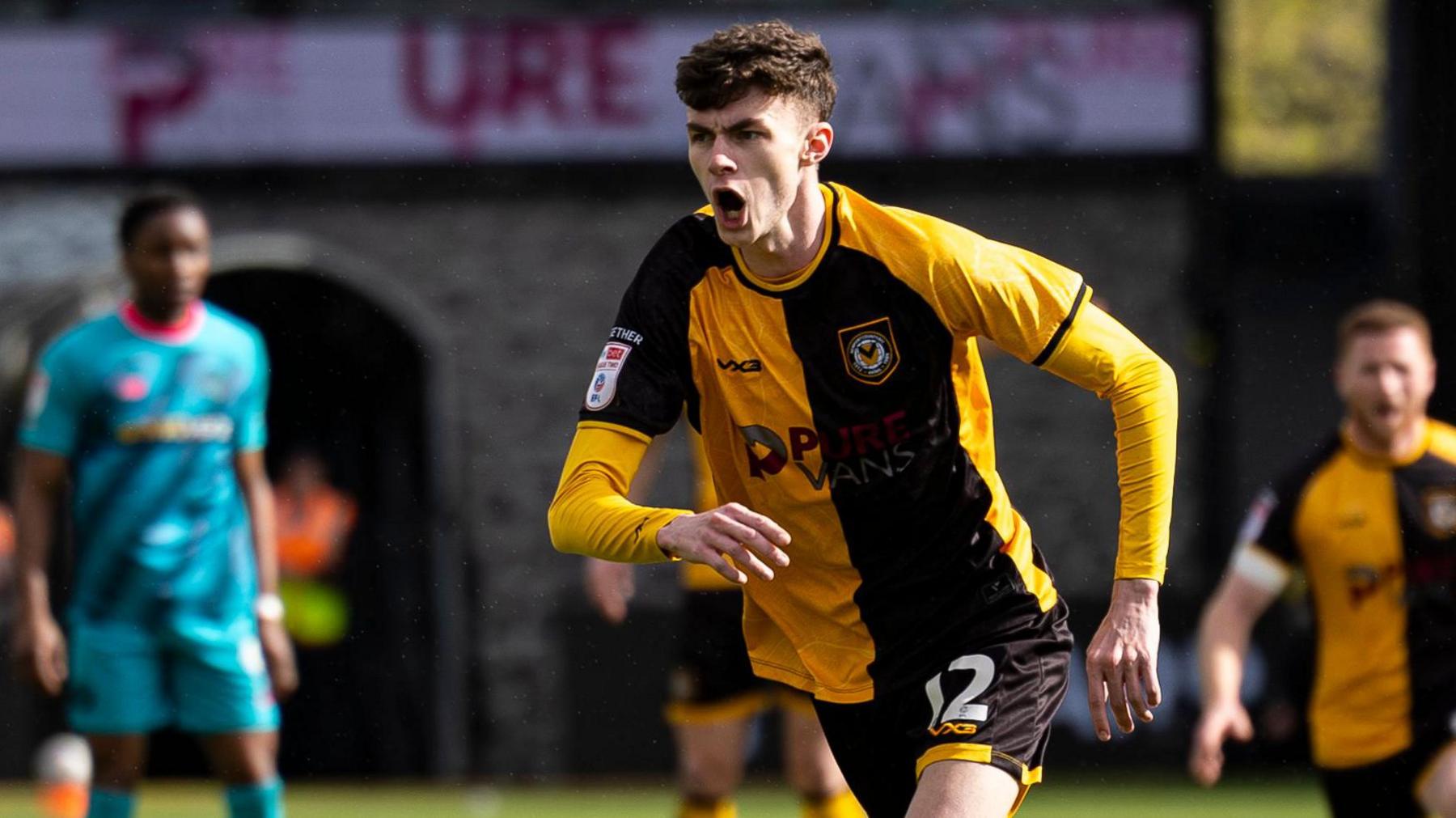 Joe Thomas of Newport County celebrates scoring his side's second goal
