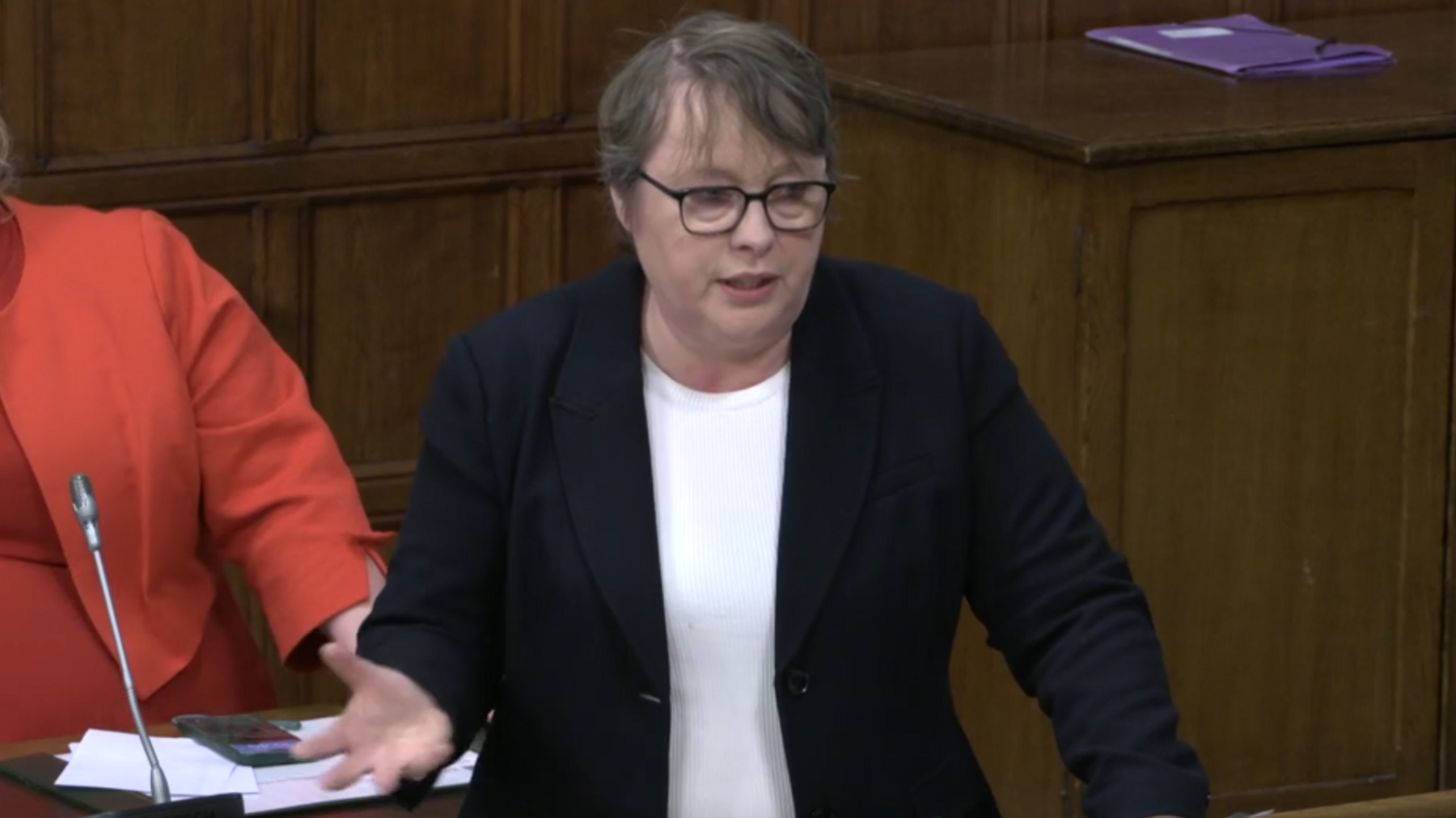 Maria Eagle appears in Westminster Hall. She is standing up wearing a black blaze and black-framed glasses.