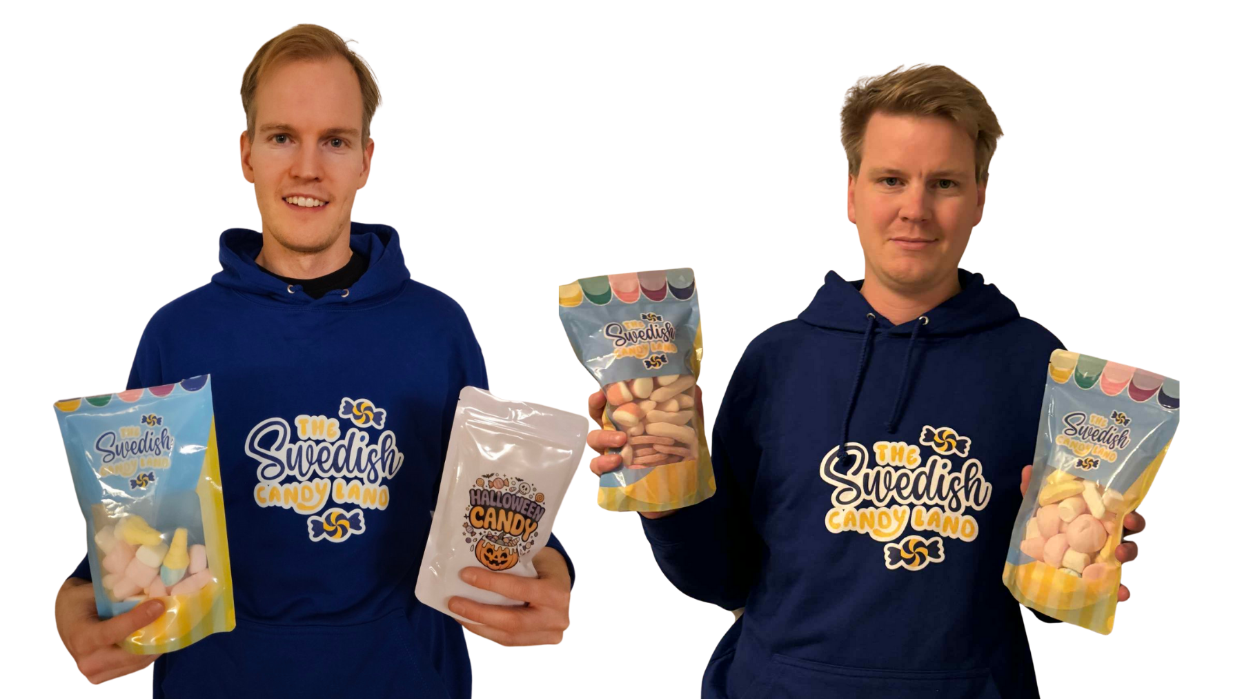 Daniel and Tobias Johansson are co-founders of Swedish Candy Land. They are wearing purple hoodies with the name of their company and holding bags of Swedish candy