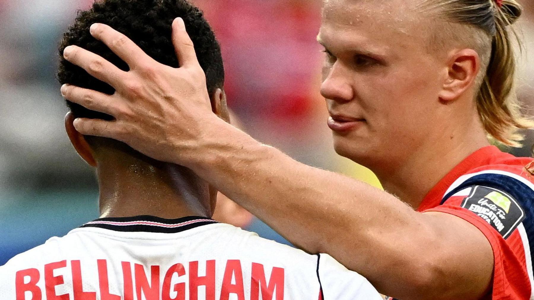 Erling Haaland and Jude Bellingham embrace following England's win over Norway in Miami
