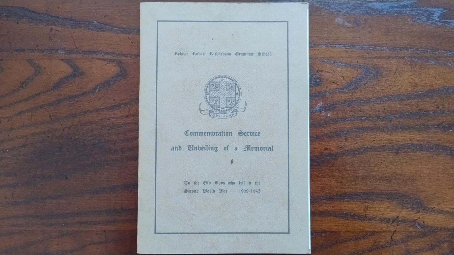 The front cover of the order of service from 1949 which has the words Commemoration Service and Unveiling of a Memorial 