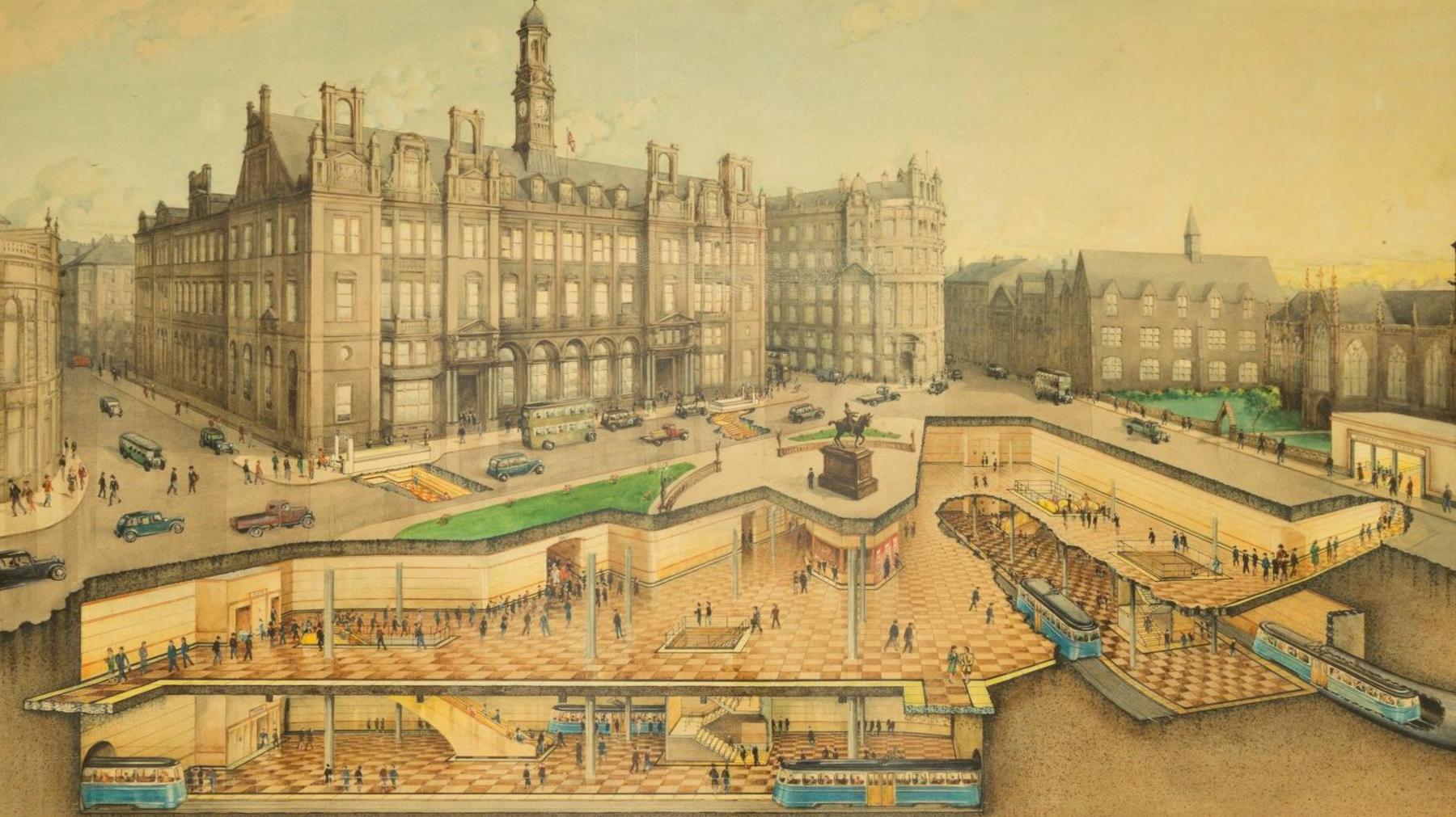 Archive drawing of plans for an underground passenger interchange in Leeds' City Square, with a cut-away showing people walking around the station and blue trains, while cars and buses travel around the square above.