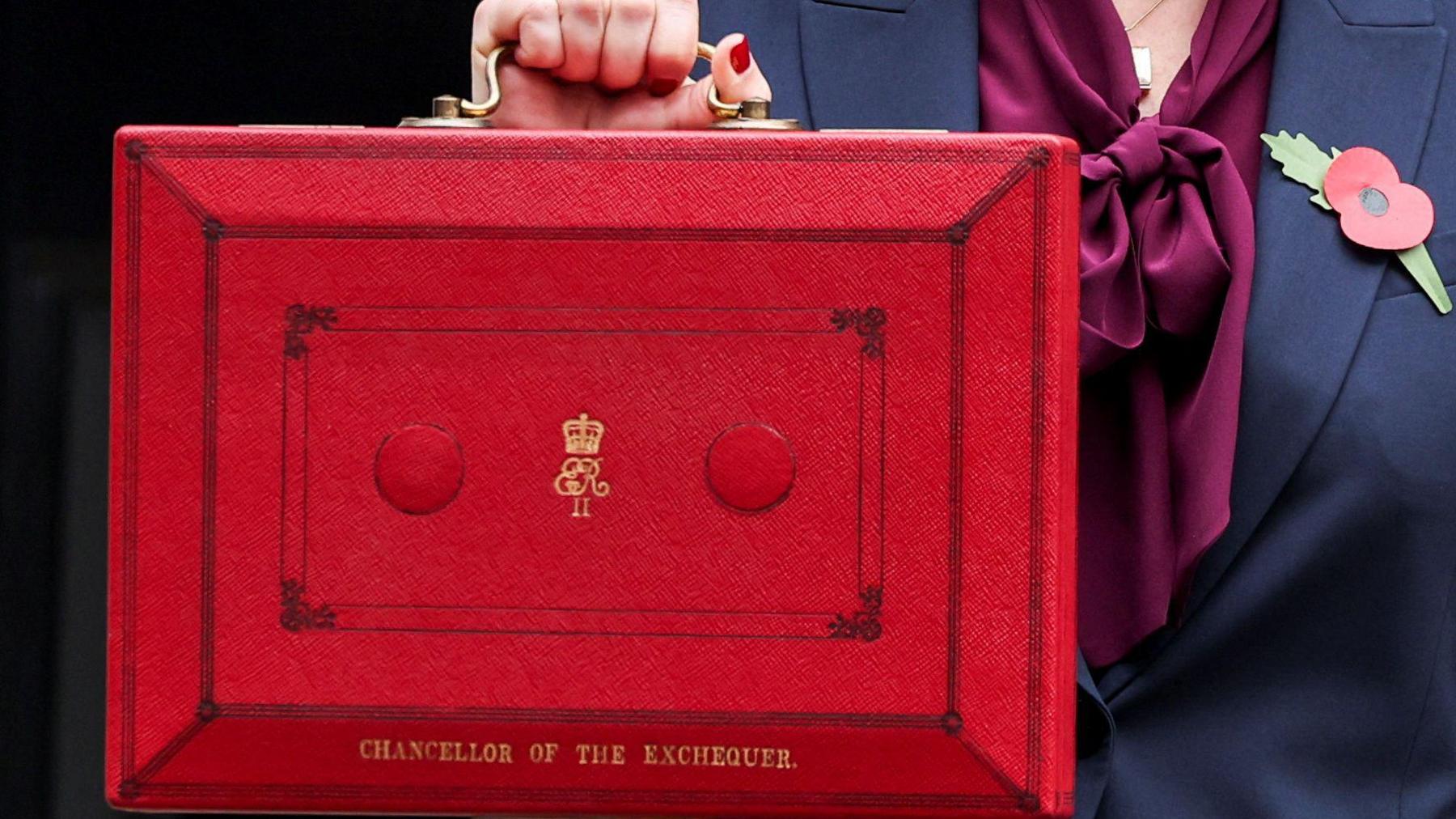 Chancellor Rachel Reeves poses with the red budget box outside her office on Downing Street in London.