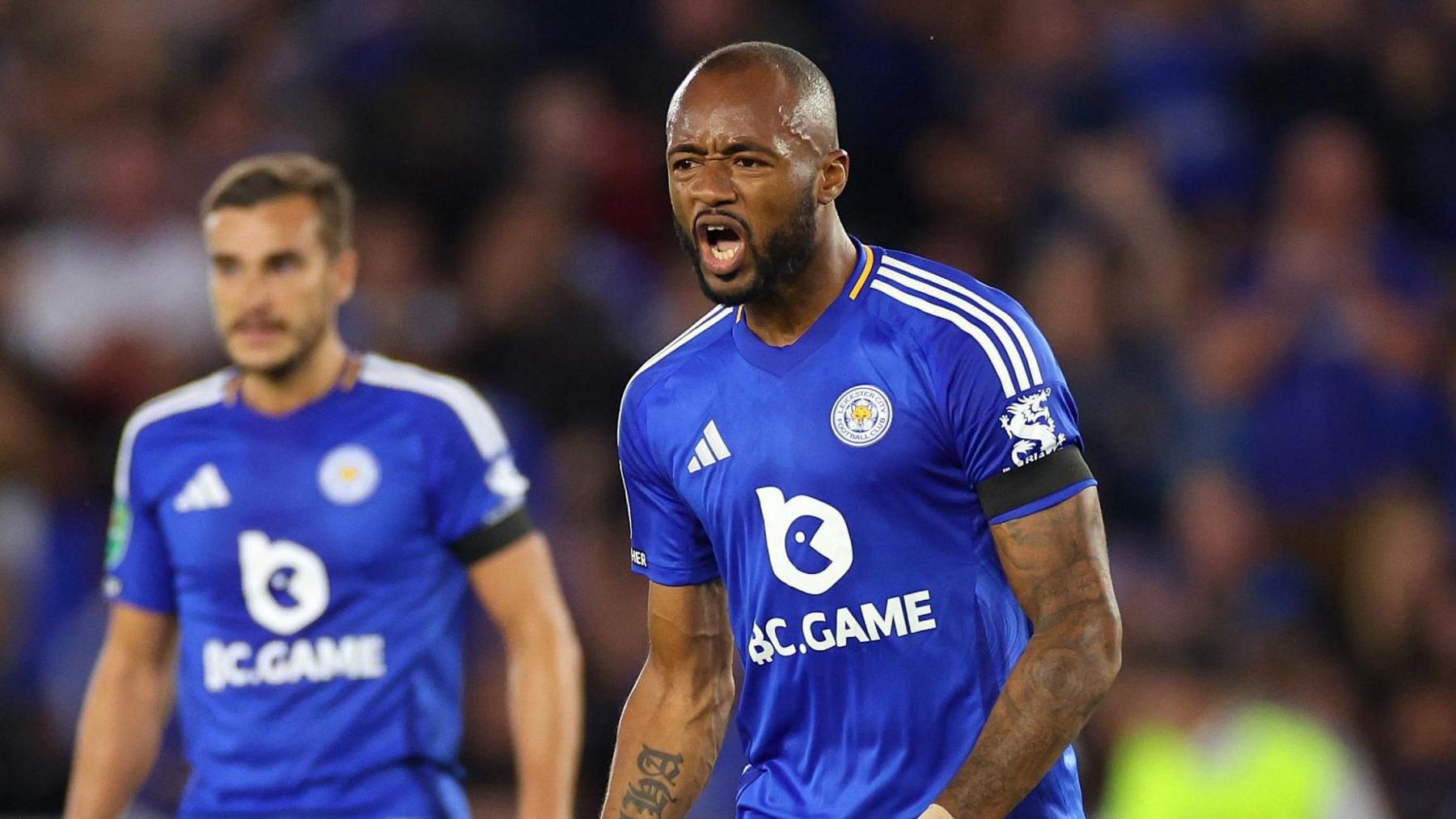 Jordan Ayew celebrates scoring a goal for Leicester City against Tranmere in the Carabao Cup