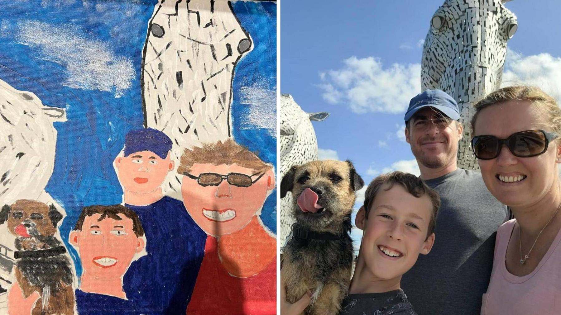 Two images. Right, a man in a blue baseball cap, a woman in sunglasses and pink vest and a boy holding a dog stand close together. They are stood outside on a clear day with a large white sculpture of a horse’s head in stone towering behind them. Left, a crudely painted version of the same image with angular faces.