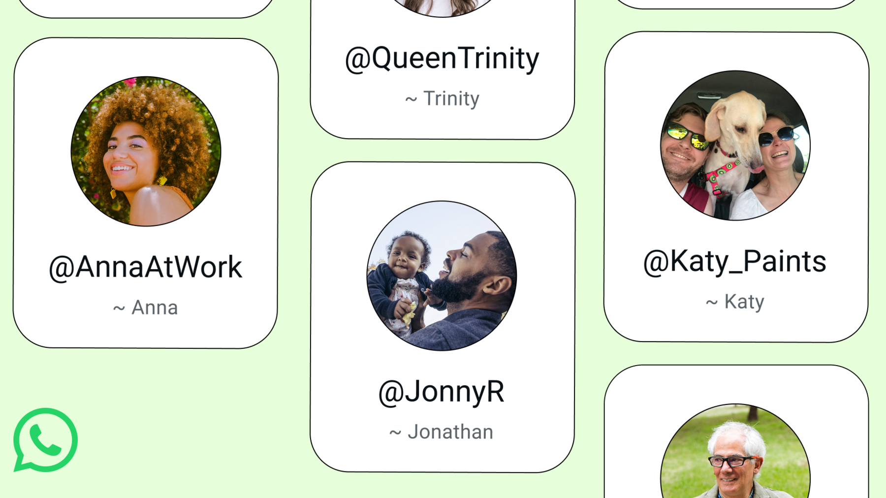 A graphic provided by WhatsApp shows a series of illustrated user profiles with usernames instead of phone numbers.