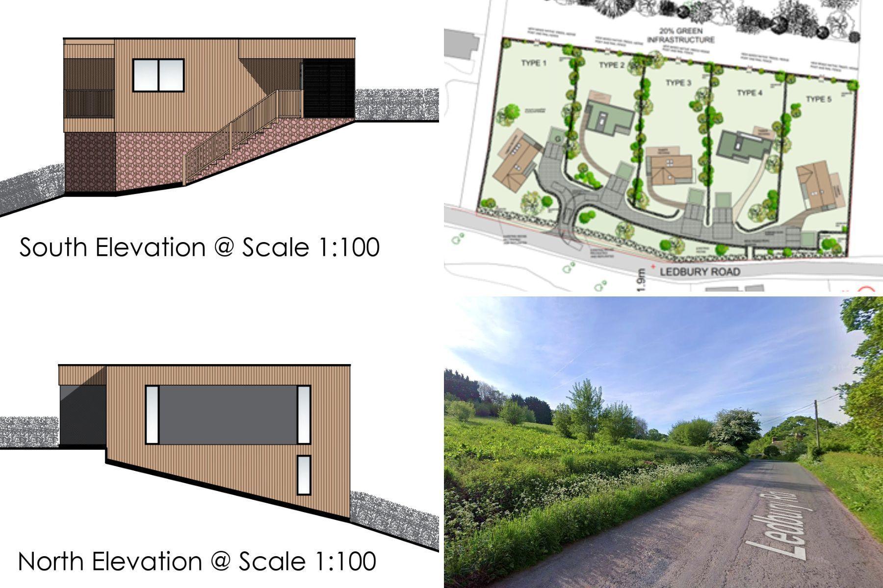 Architect drawn plans for the scheme at Wellington Heath, showing elevations of one of the designs, a site plan and a photograph of the field site next to Ledbury Road