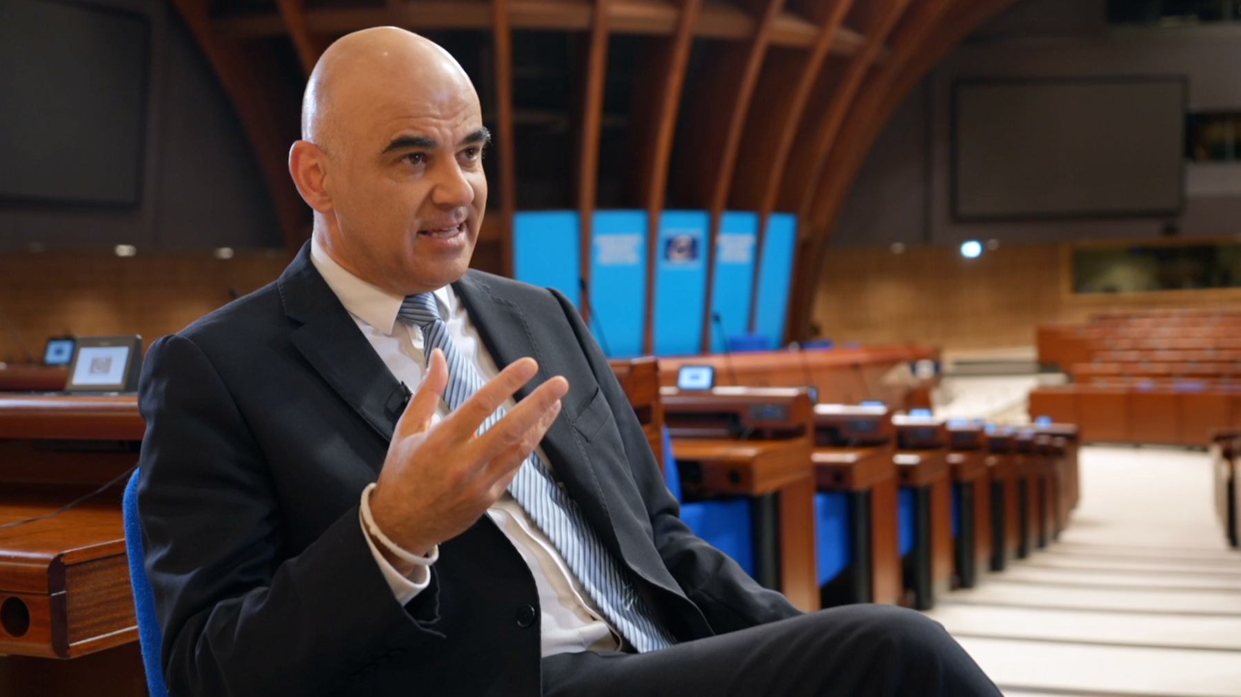Alain Berset speaking to the BBC at the Council of Europe