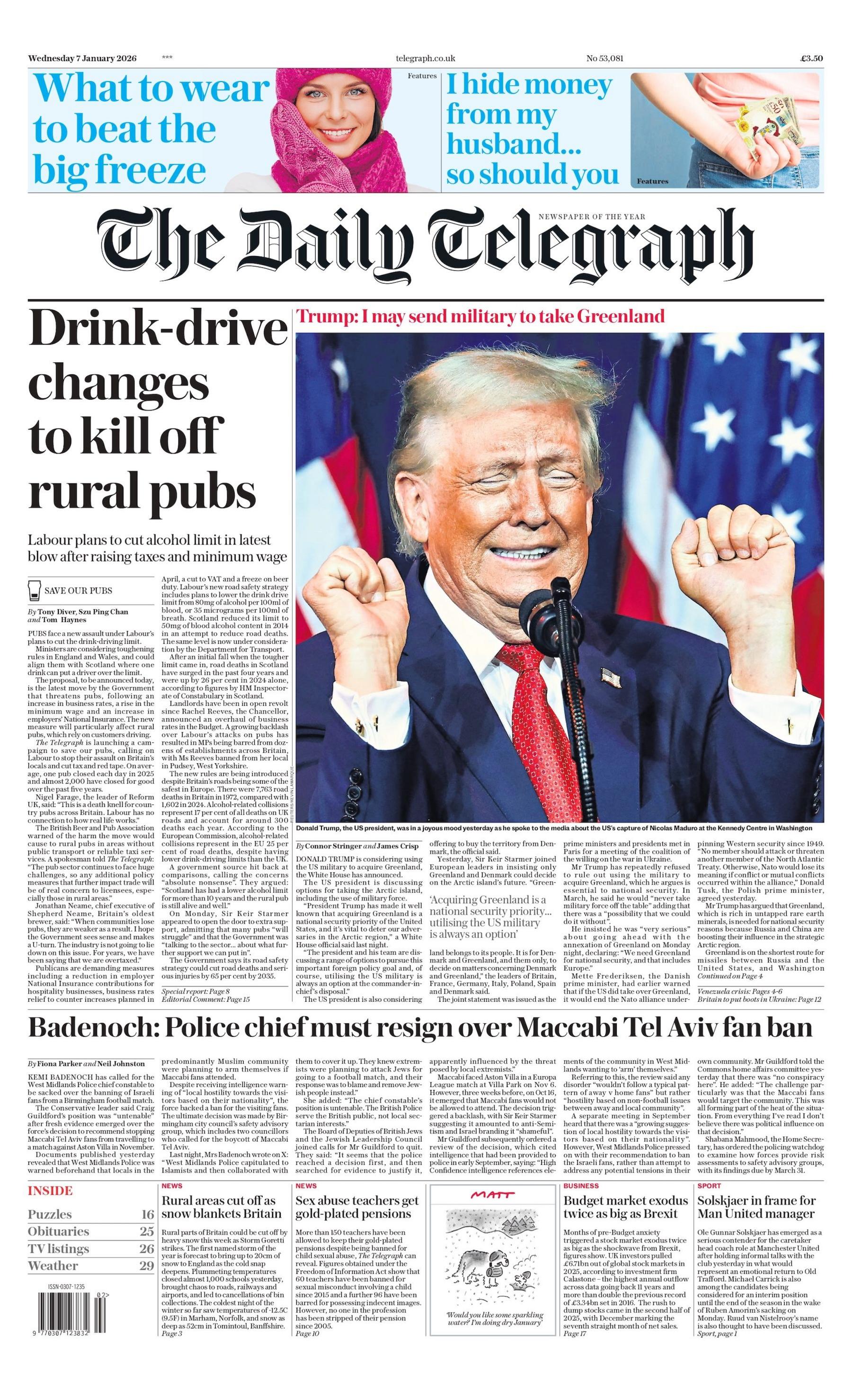 "Ndryshime në drejtimin e automjeteve nën ndikimin e alkoolit do të zhdukin baret rurale", thuhet në titullin kryesor në faqen e parë të Daily Telegraph.