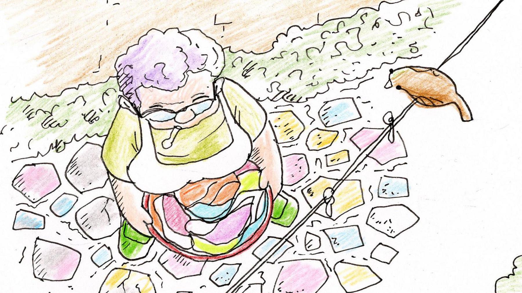 A colourful drawing of a nan with pink hair carrying a basket of laundry, as seen from above. She is standing next to a washing line with a couple of pegs and a brown bird sat on it.
