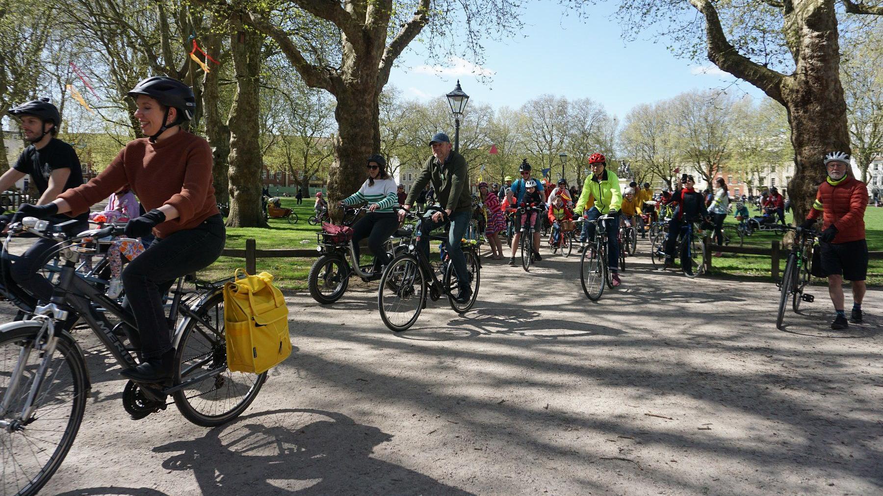 Cyclists taking part in the slow ride through the centre of Bristol