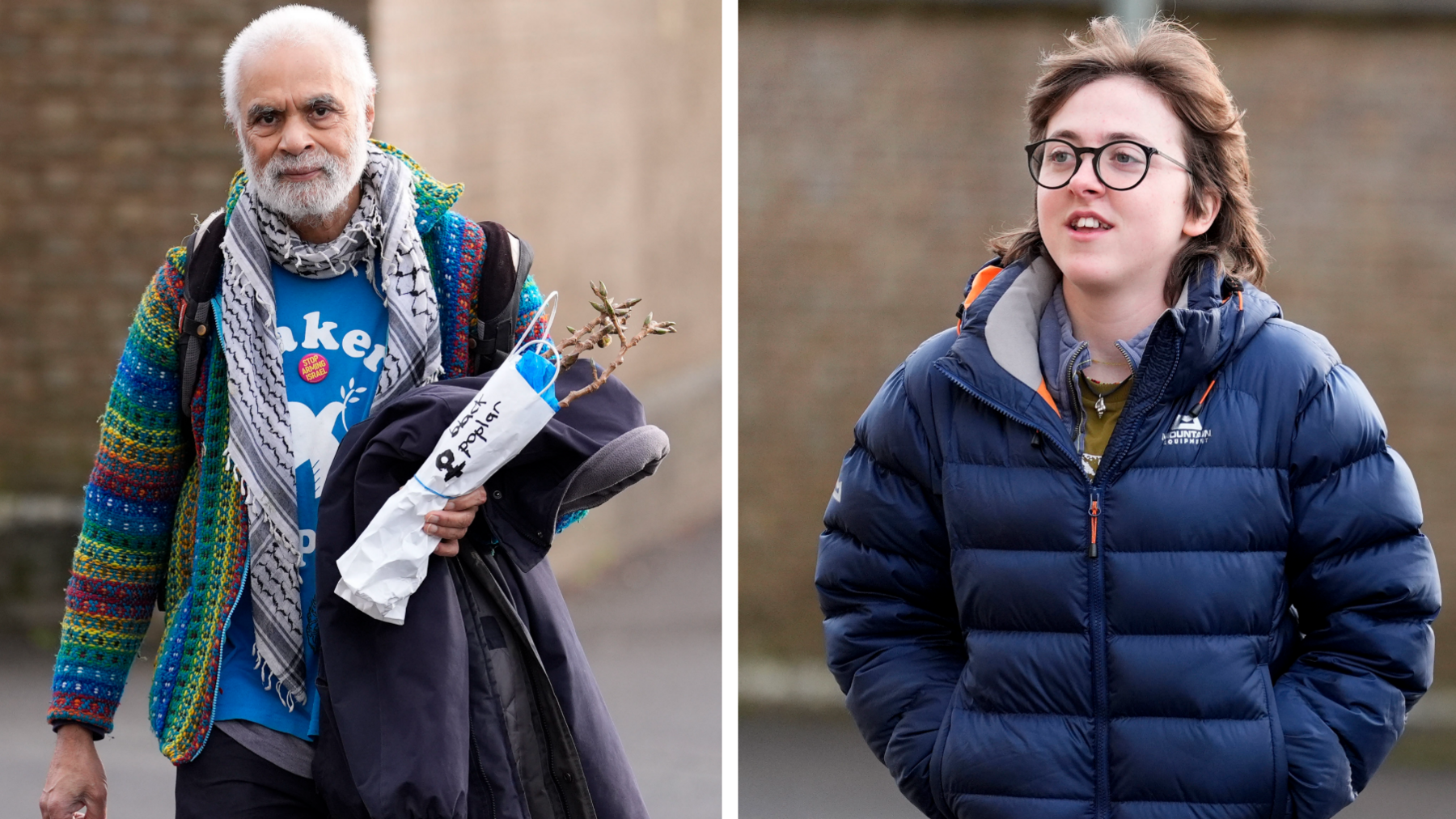 Two people are seen in a composite image next to each other arriving at Salisbury Crown Court. One image shows someone with grey hair, carrying a small plant in a bag, wearing a rainbow cardigan and blue t-shirt. The other shows someone wearing a dark blue puffer jacket.