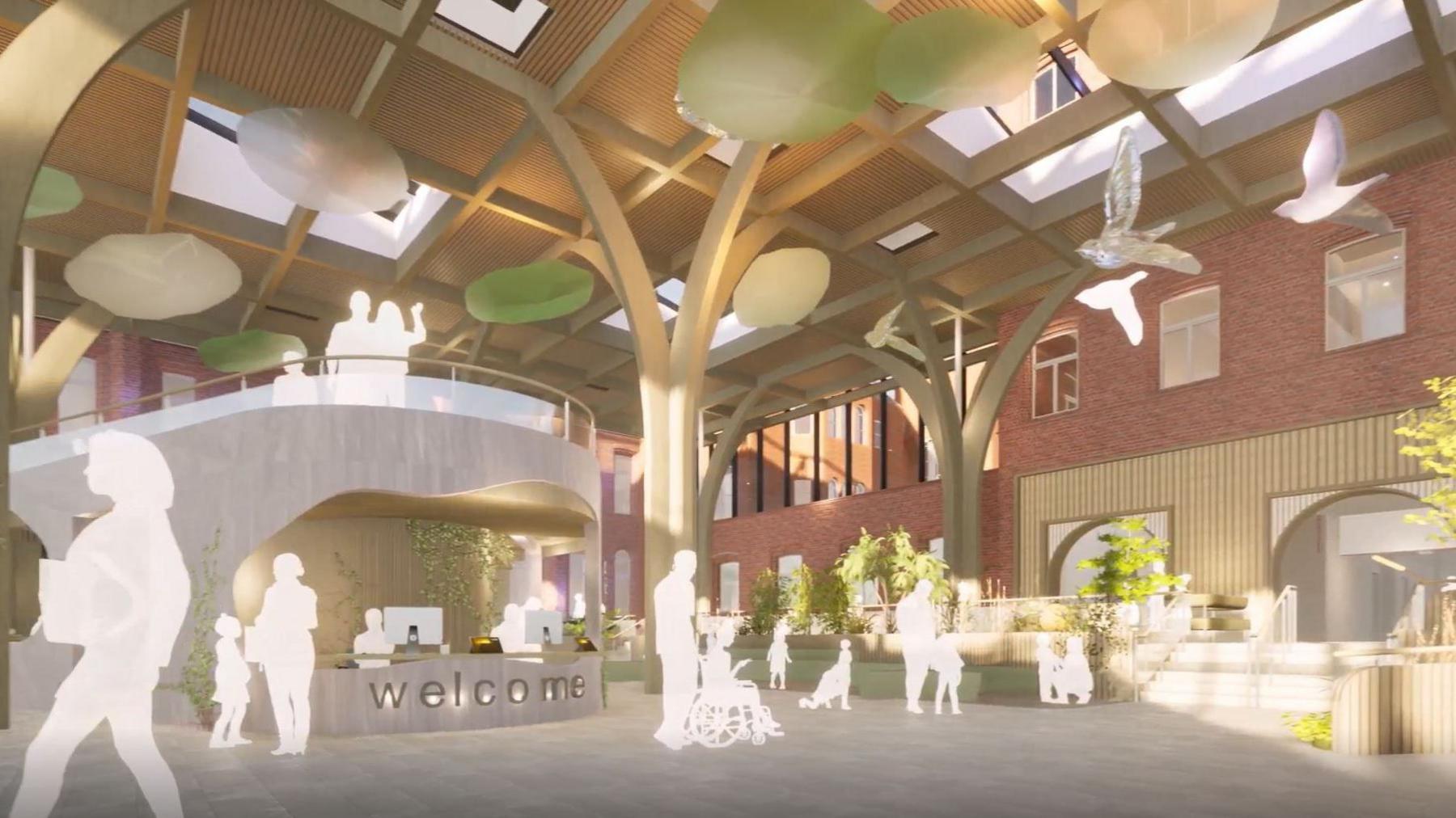 A CGI image of the inside of the hospital entrance with indoor trees and open space