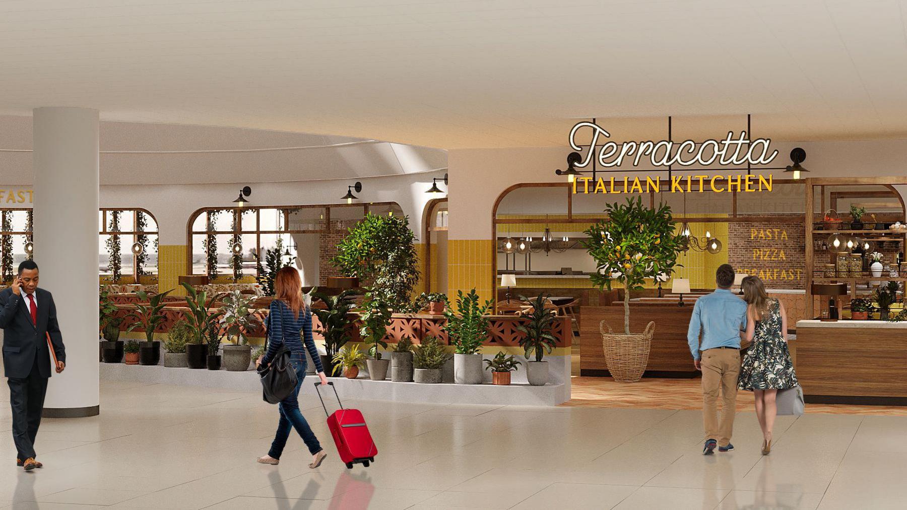 A CGI image of passengers outside the entrance to a restaurant, with an illuminated sign reading Terracotta Italian Kitchen.
