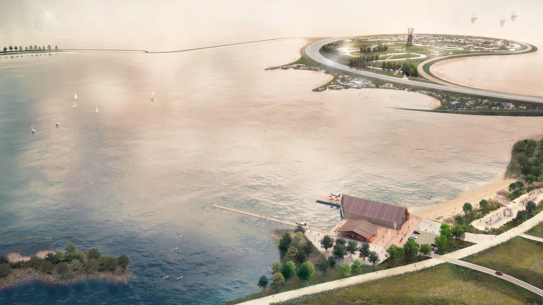 Mock-up of what the Fens reservoir would look like, with boats in the water and a dock and some buildings.