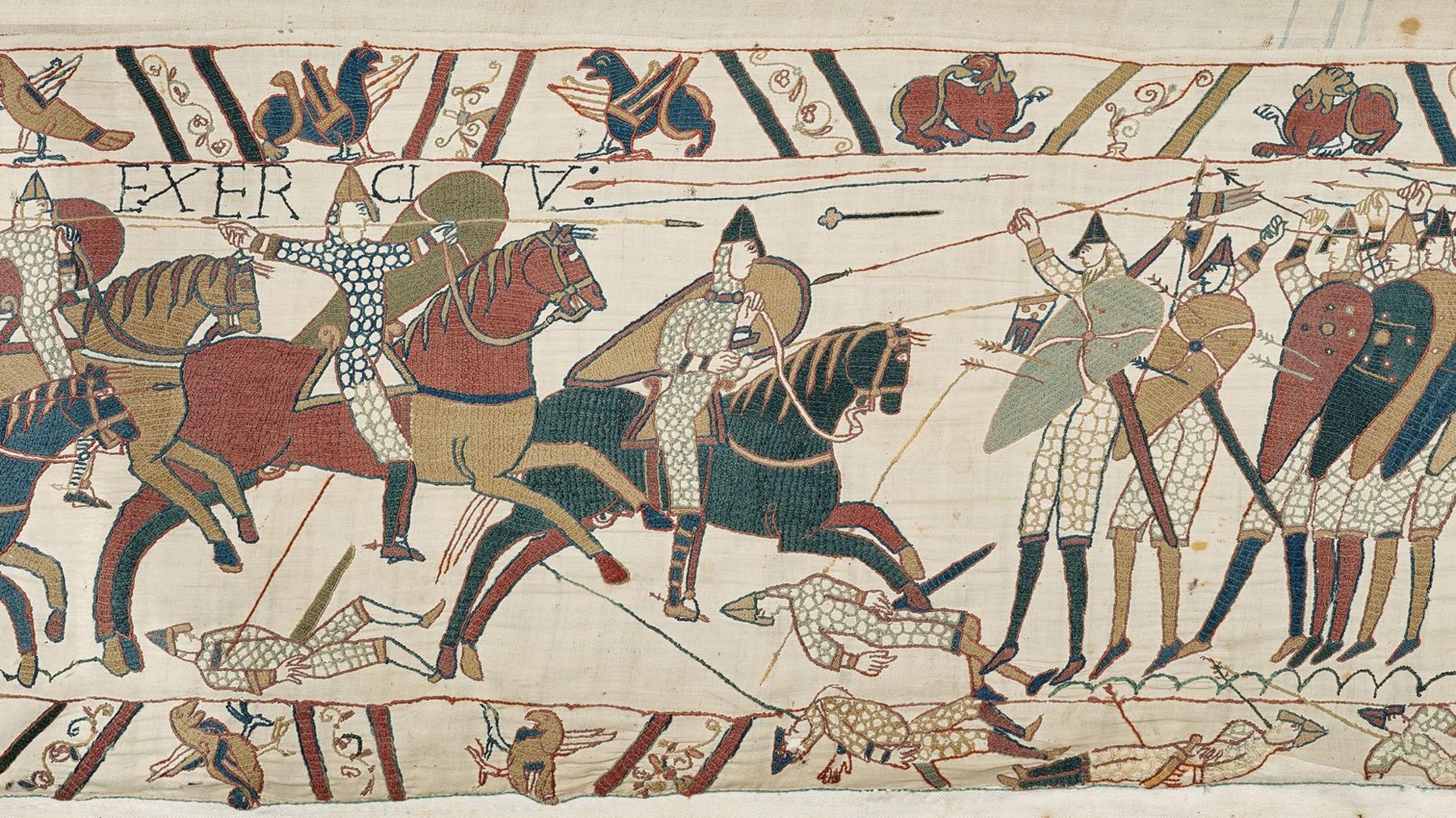 A section of the Bayeaux Tapesty showing men riding horses and arrows being fired 
