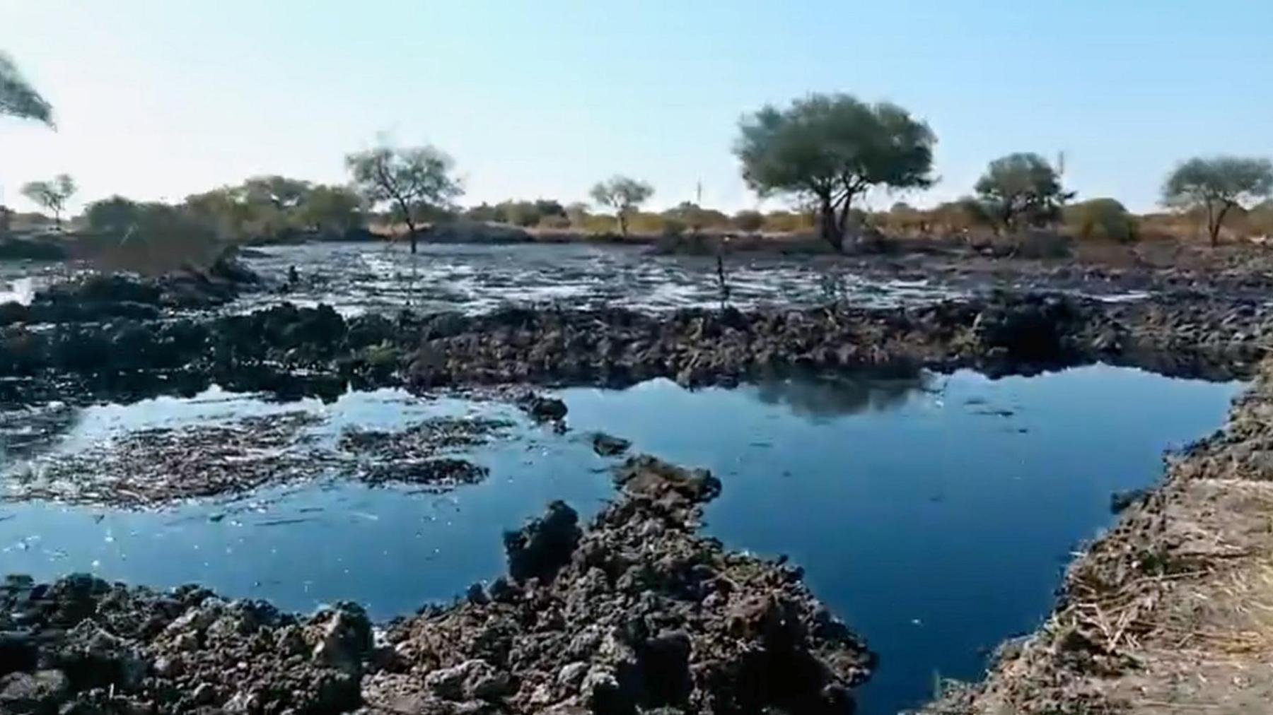 Pools containing dark liquid, surrounded by dark soil, with a bank of lighter soil on one side and trees in the background, taken in 2019 after a pipeline ruptured.