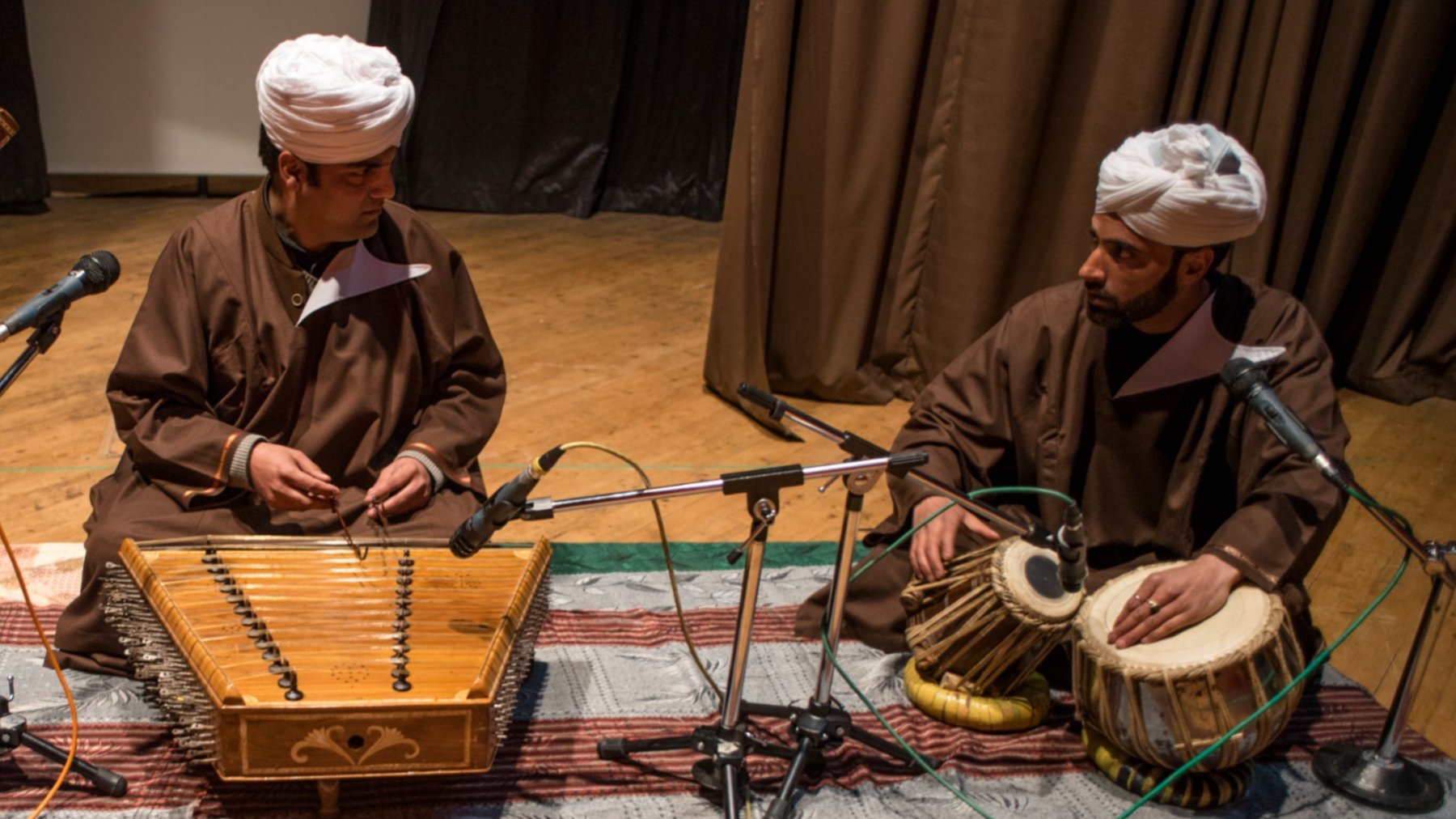 Traditional sufi musicians of Kashmir, play santoor and other musical instruments on the stage, on March 23, 2019 in Srinagar, the summer capital of Indian administered Kashmir, India.