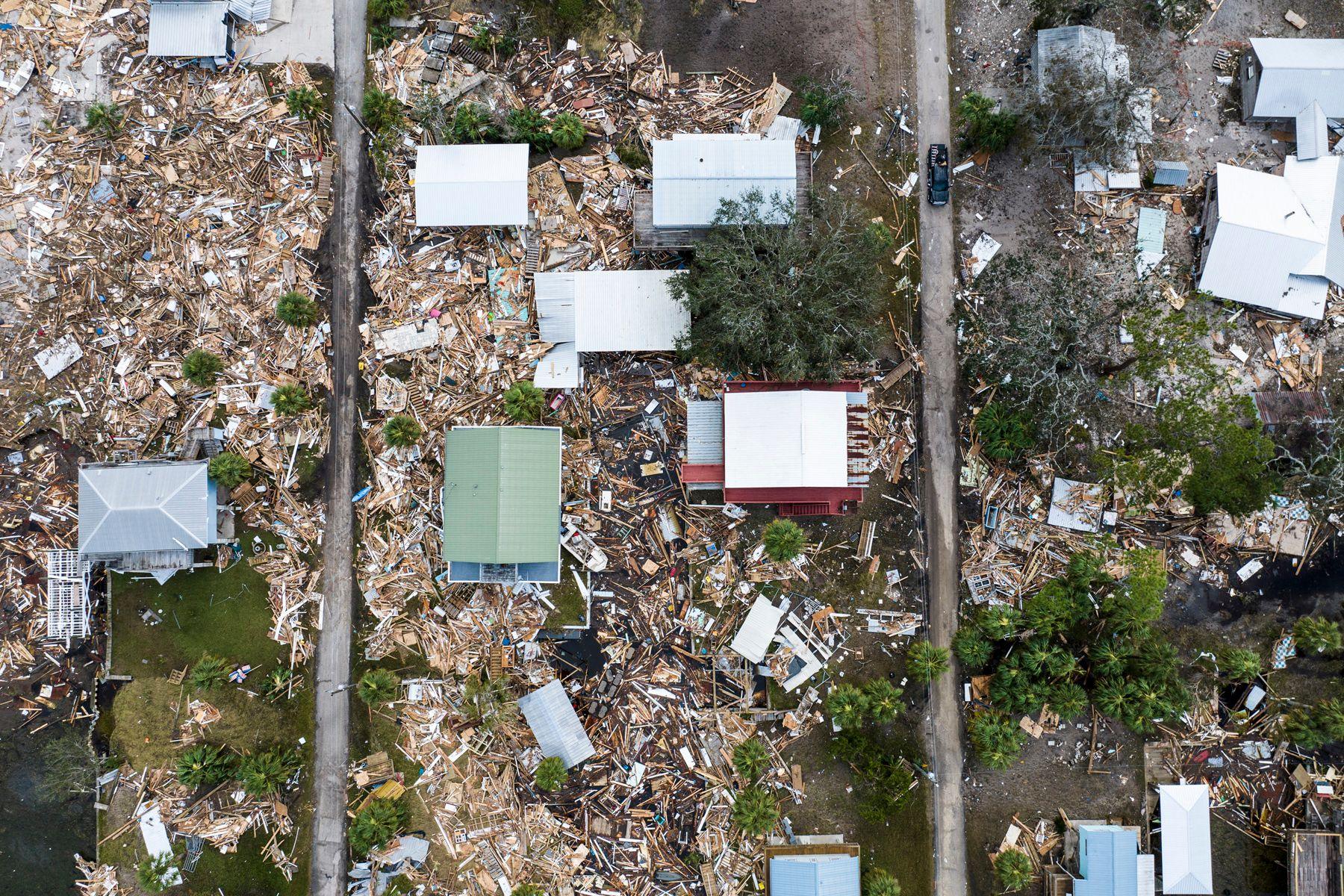 An aerial view of damaged houses are seen after Hurricane Helene made landfall in Horseshoe Beach, Florida, on September 28, 2024.