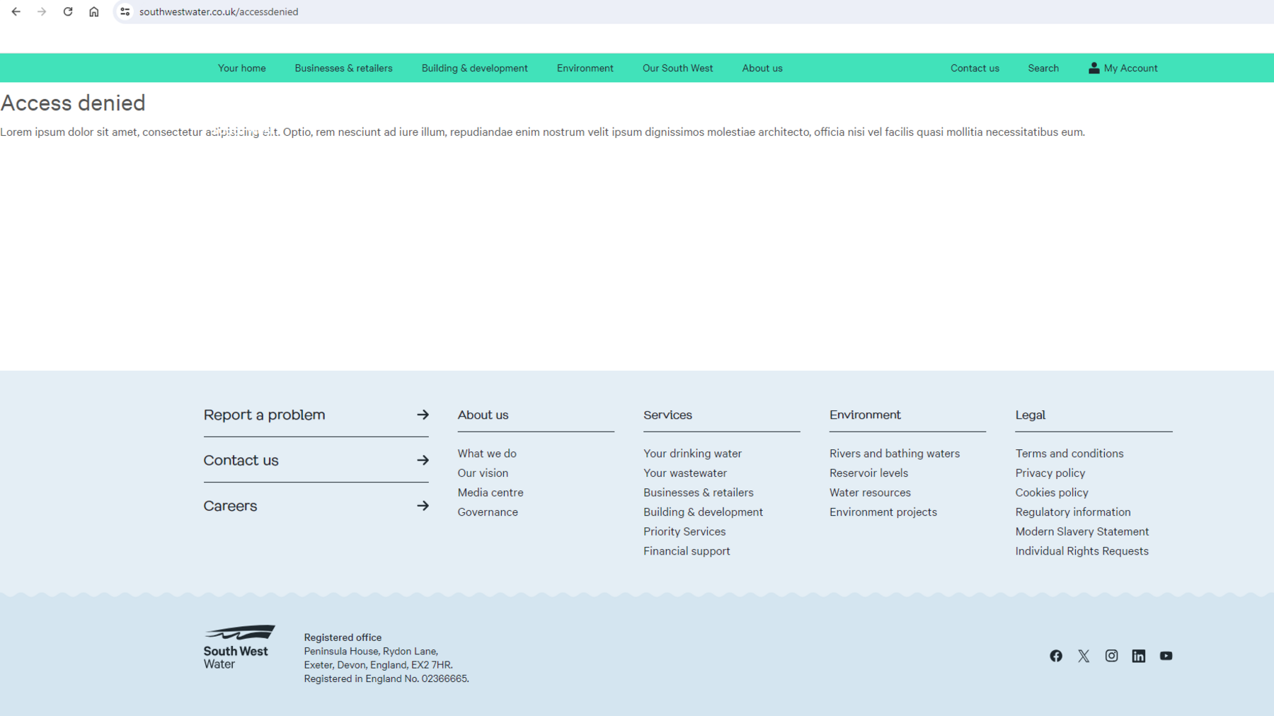 The South West Water website reads 'access denied'