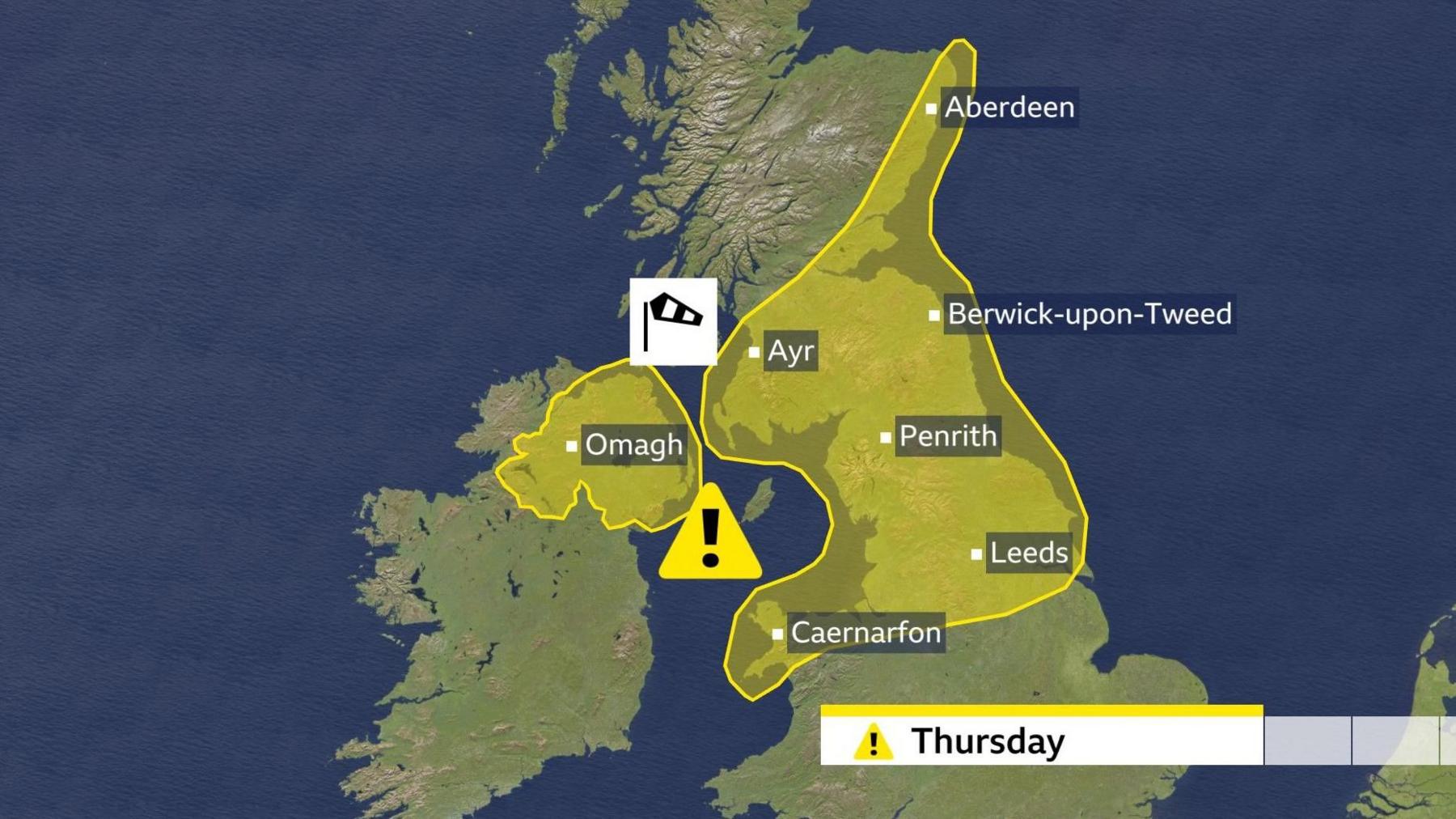 Map of the UK showing a large yellow area across Northern Ireland, North Wales, northern England and southern and eastern Scotland where there is a Met Office yellow warning for strong winds in force for Thursday