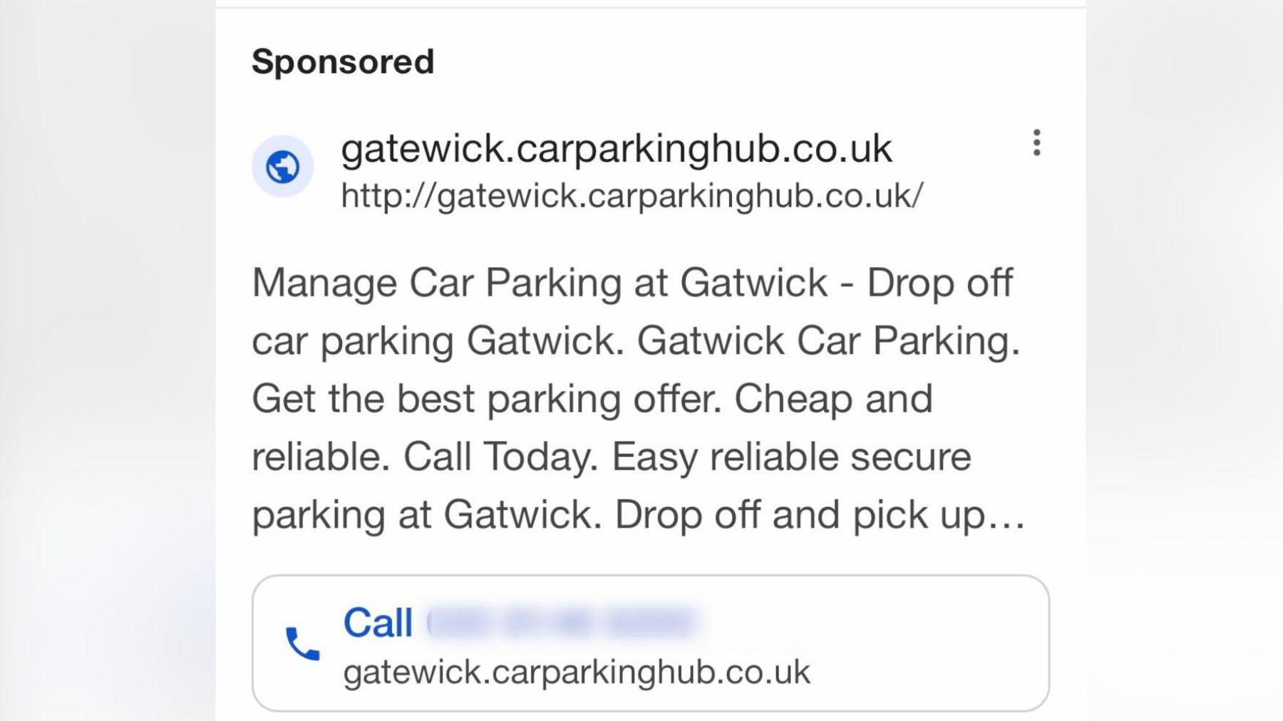 A search engine result showing a website which is a sponsored link and says gatewick.carparkinghub.co.uk